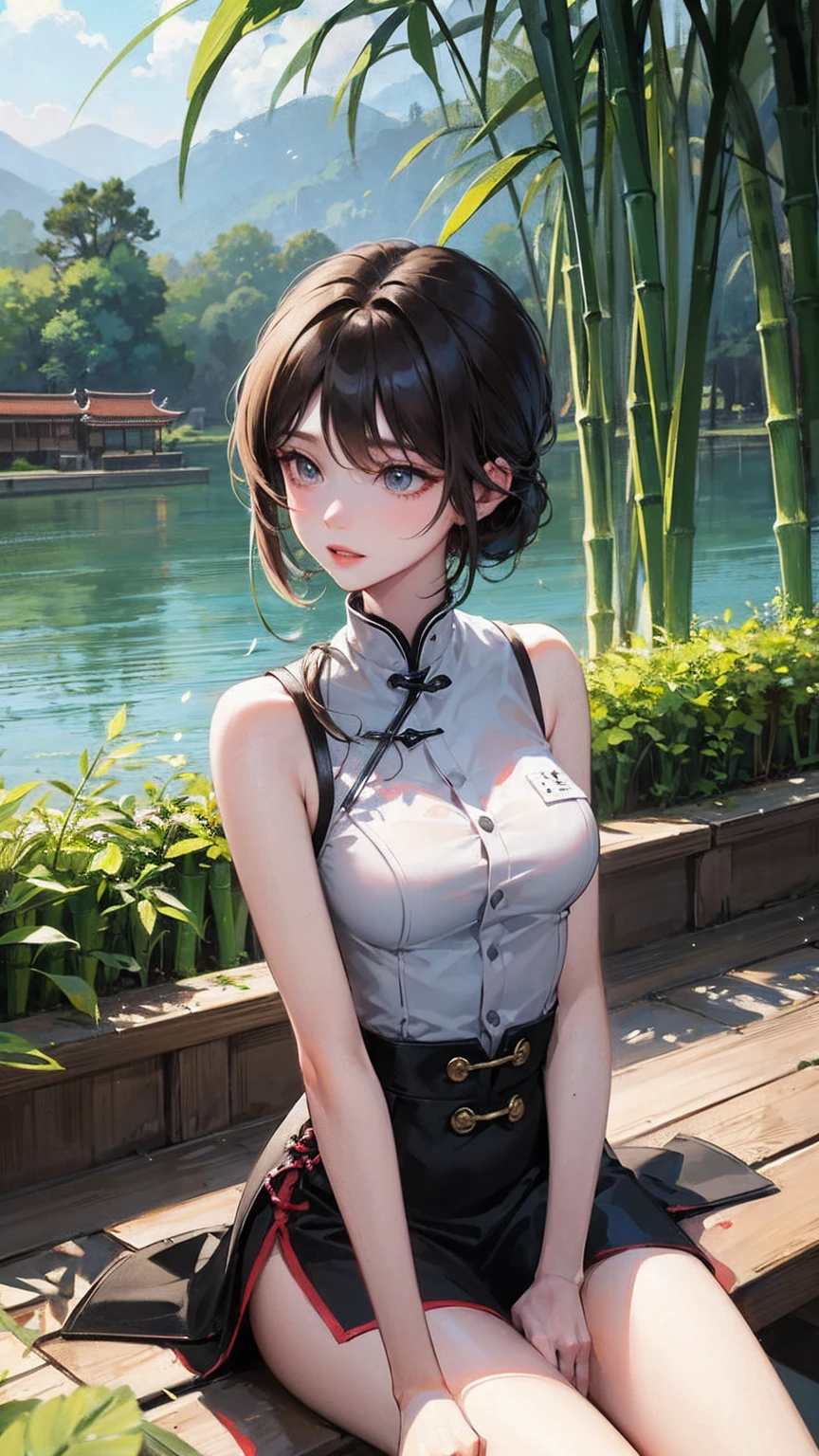 Negative Space, Bisim, girl, Miss,Bare shoulders, (ecchi0.5), Lips, Water splash, (Trees:0.5), (Flowers:0.6) ,(birds:0.2), (Bamboo0.1), lake, Hangzhou, bonian, bonian in background