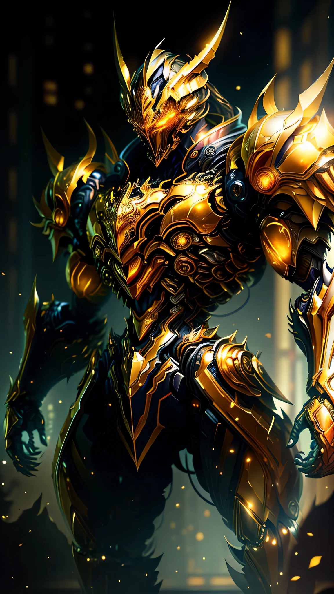 (masterpiece:1.2), best quality, high resolution, unity 8k wallpaper, (ultra realistic:1.0), beautiful detailed, extremely detailed, perfect lighting, extremely detailed CG,glowing eyes, shining golden Heavy Mech,shining golden skeleton armor,(metallic shining golden),shining golden full_armor,shining golden warframe,horns, fake horns, red eyes, global ray tracing,looking at the viewer,solo,perspective,dynamic fighting pose, city streets with colourful neon lights in bokeh