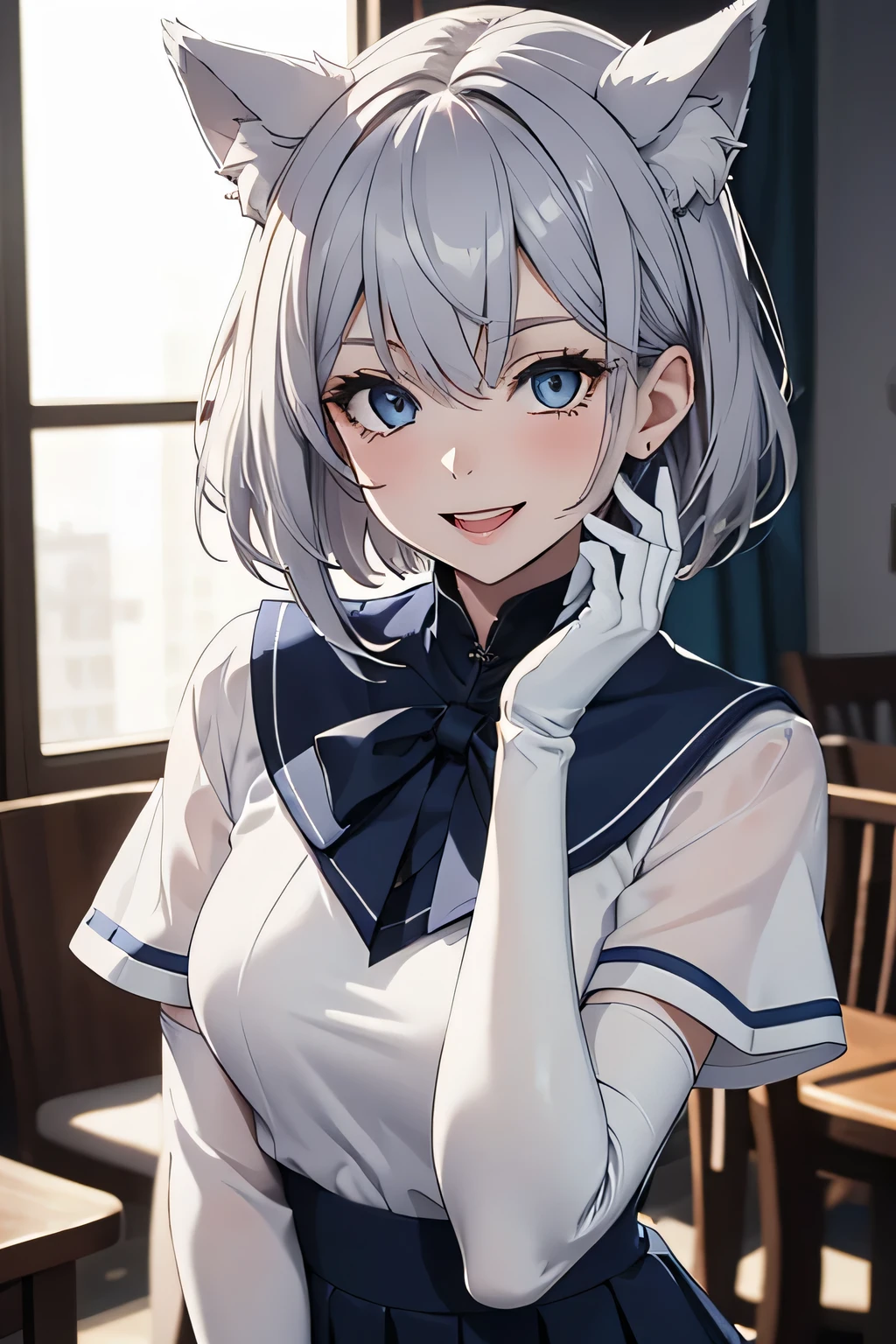 Tabletop　high resolution　Best image quality　8k　 Adult female　Portraiture　White long gloves（Elbow Gloves）　White Pantyhose　Sailor suit（No sleeve）　Navy blue mini skirt　　White wolf ears　short hair（（Shortcuts）（Gray Hair）（Perm）（fluffy））　Eye color is blue　Fascinating face（（Laughter）（smile）（Open your mouth））　