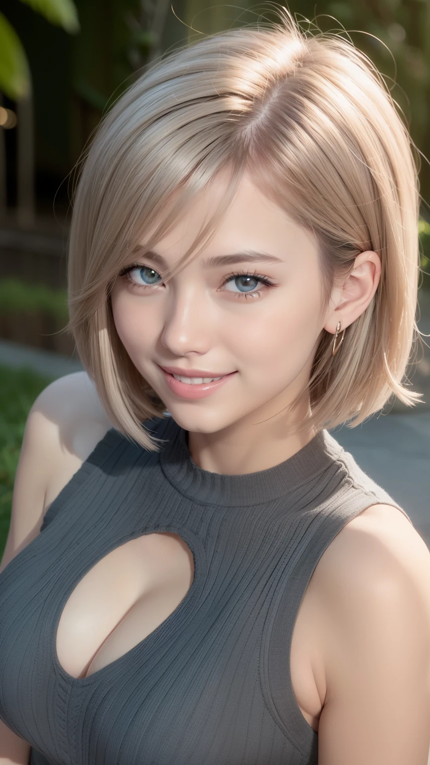 Gray Hair, Ahoge, short hair, Hair ties, light smile, smile, Anaglyph, 8k, Super Detail, Accurate, highest quality, Ultra-high resolution, 4K -- Auto,I can see your chest,Tight knit dress,(head shot:1.5)