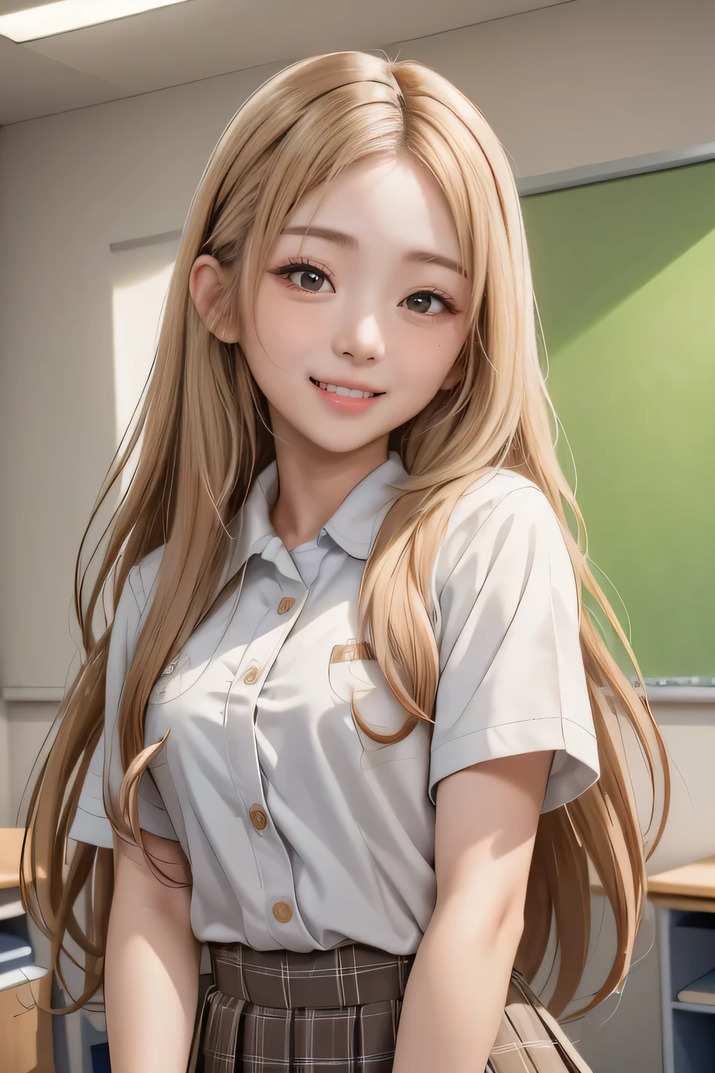 Realistic, masterpiece, highest quality, Highest Resolution, one Japanese high school girl, , Upper body photo, She narrows her eyes and looks at me with a shy smile and a smile, Laughing with mouth open, Beautiful and detailed eye drawing, (droopy eyes:1.3), Dark Eyes, Thin eyebrows, Carefully draw eyelashes, A little tooth is visible, Gal Makeup,  (White brown wavy hair with white mesh, long hair, middle part:1.3), (hidden creased eyelids:1.3), He is wearing a neat white button-up shirt., She is wearing a short pleated skirt with a gray plaid pattern, A was photographed from below at an angle, School classroom,