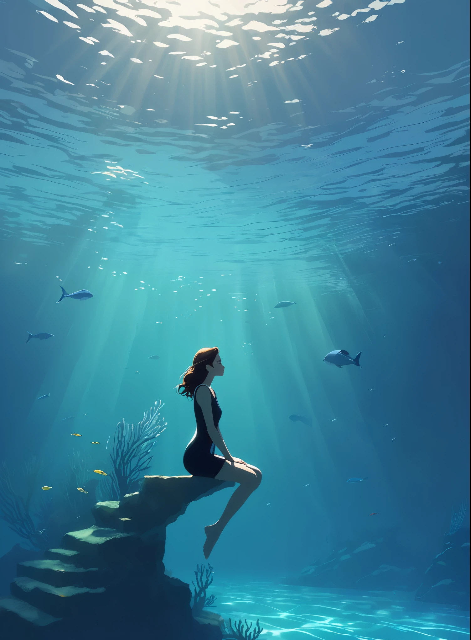 Minimalist Journey，diving，Solitary，The girl rests one hand on her cheek, gazing into the distance, reflecting a thoughtful or dreamy pose, conveying a sense of serenity and depth, dutch angle,Minimalism, Under the Sea, illustration.