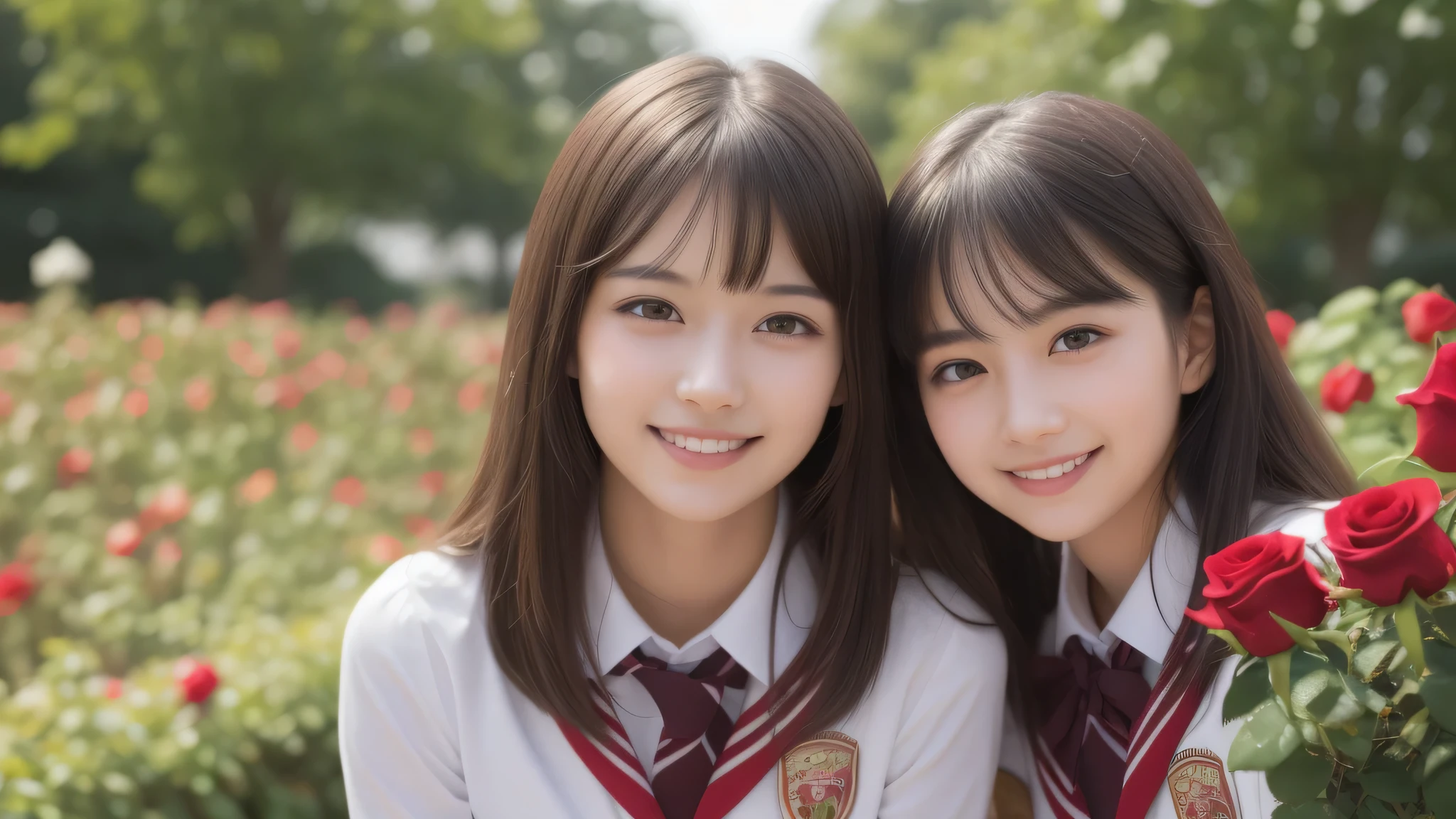 (2girl), brown eyes, bob hair, air bangs, (cute smile:1.2), A very neat face, a sense of cleanliness, (highly detailed eyes, highly detailed face), (hyper-realistic, hight resolution), (best Quality:1.4), (high school uniform:1.2), model, Enchanting, Outdoors, Beautiful scenery, clear skies, (Rose flowers, rose garden, lots of roses:1.3), (Fine face:1.2),