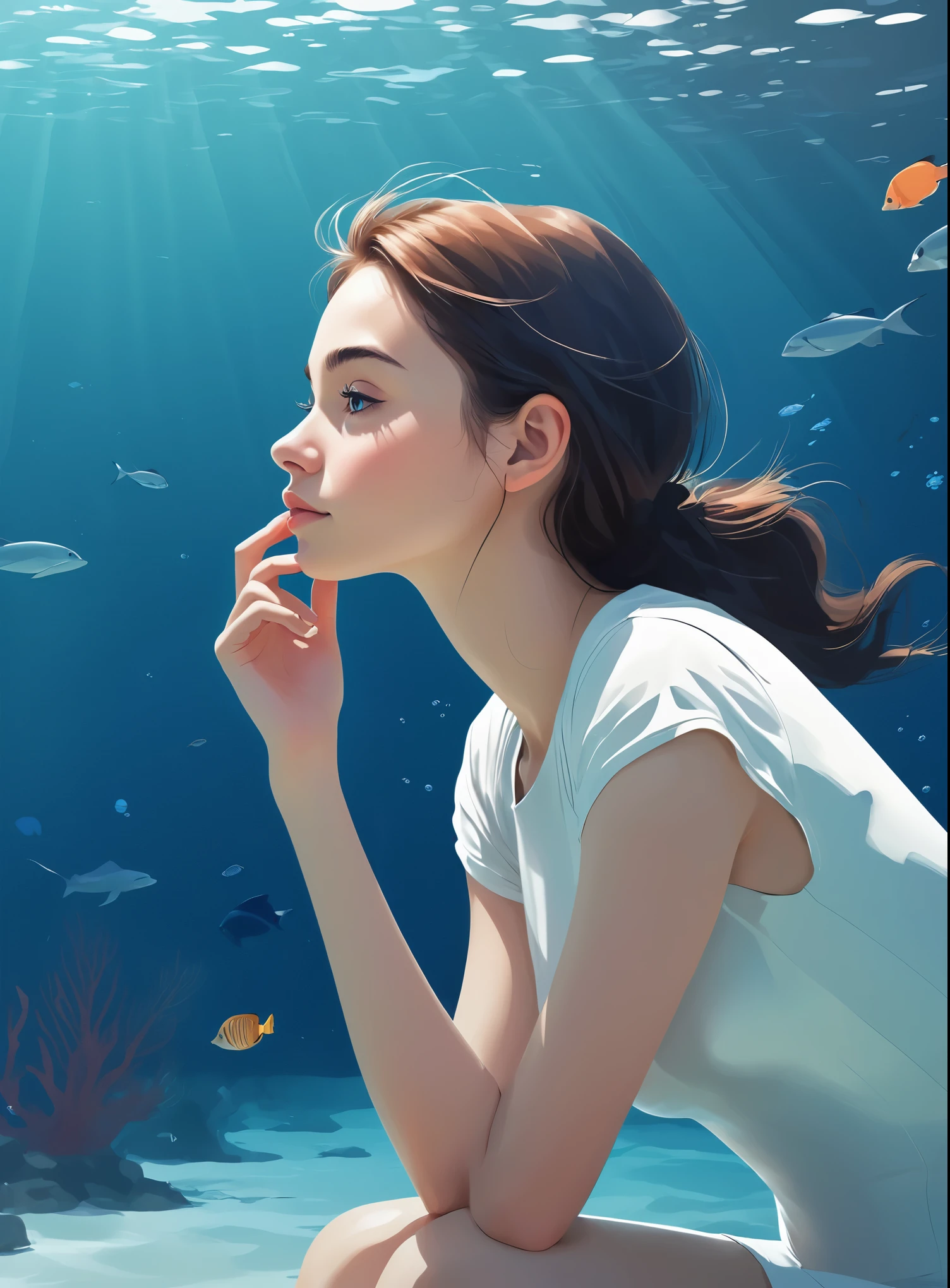 Minimalist Journey，diving，Solitary，The girl rests one hand on her cheek, gazing into the distance, reflecting a thoughtful or dreamy pose, conveying a sense of serenity and depth, dutch angle,Minimalism, Under the Sea, illustration.