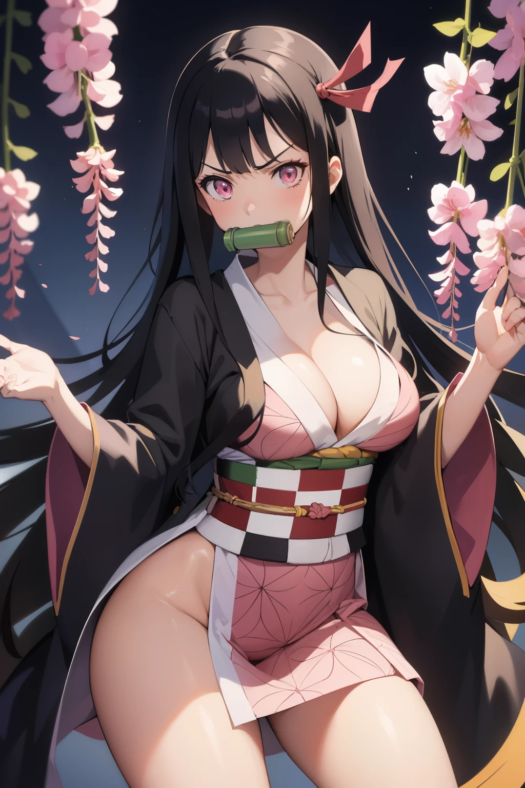 (masterpiece, best quality:1.2), 1girl, solo,standing_split, masterpiece, (pink kimono) , breasts out, show breasts angry face, good lighting, low-cut, fine details, masterpiece, glowing eyes, , angry 1girl, black hair, gag, bamboo, Nezuko Kamado, wisteria background, masterpiece, best quality, POV, whole body, wide hips, pantie , raising the leg high kick, front