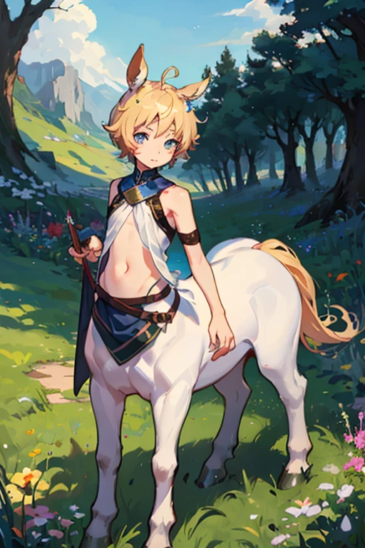 Male  Centaur、8-year-old、stomach、Delicate face、Face is the main、Upper Body Center、grassland、Ultra HD、Masterpiece