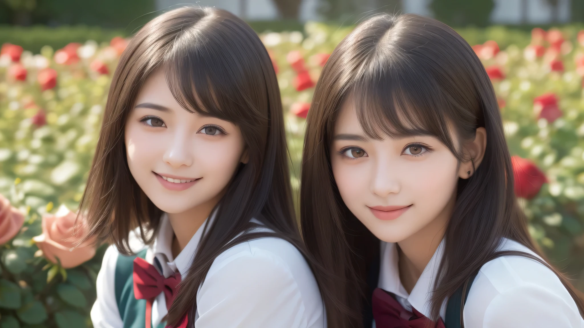 (2girl), brown eyes, bob hair, air bangs, (cute smile:1.2), A very neat face, a sense of cleanliness, (highly detailed eyes, highly detailed face), (hyper-realistic, hight resolution), (best Quality:1.4), (high school uniform:1.2), model, Enchanting, Outdoors, Beautiful scenery, clear skies, (Rose flowers, rose garden, lots of roses:1.3), (Fine face:1.2),