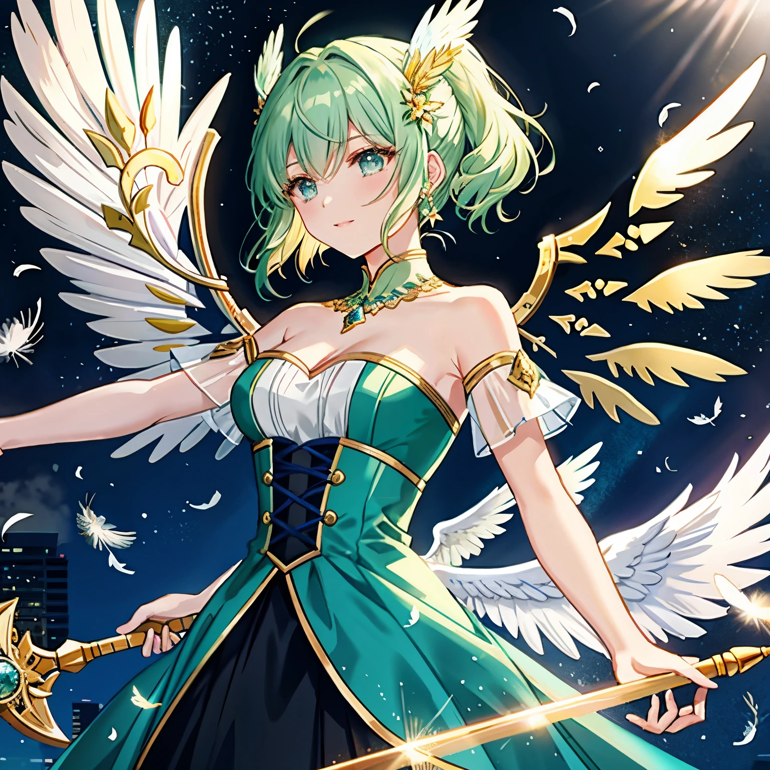 {
    "Theme": "A firm, mature angel (my bride)", "BRAKE",
    "Number of Characters": "One woman", "BRAKE",
    "Character Traits": "The character is a mature angel with a firm personality. She is brave and confident, yet has a gentle and caring side.", "BRAKE",
    "Worldview": "A world that blends anime and manga. The boundary between fantasy and reality is ambiguous, allowing for diverse expressions.", "BRAKE",
    "Environment Details": "The setting is a neon-lit city at night, filled with tall buildings and bustling with life. The city has a vibrant and energetic atmosphere.", "BRAKE",
    "Body Type and Skin Color": "A slender and healthy body type. The skin color is a natural hue, symbolizing the character's health and vitality.", "BRAKE",
    "Animal Ears and Tail (Horns and Tail)": "The character does not have animal ears or a tail.", "BRAKE",
    "Costume and Costume Color": "The character is wearing an elegant dress. The color of the dress is mainly gold, expressing luxury and a sense of specialness. The colors of blue and green are incorporated into the details of the dress, symbolizing calmness and nature.", "BRAKE",
    "Hairstyle and Hair Color": "The main hairstyle is long hair, with elements of ponytail, twin tails, bob cut arranged. The hair color is mainly gold, with a little bit of blue and green colors added as gradation.", "BRAKE",
    "Presence and Details of Wings": "The character has six angel wings. The wings are gold, each can move independently. The wings are glossy, reflecting light and illuminating the surroundings. The shape of the wings is that of a classical angel, the feathers are finely drawn, giving a realistic texture. The wings spread beautifully from the character's back, dominating the entire illustration.", "BRAKE",
    "Presence and Details of Smoking": "The character does not smoke.", "BRAKE",
    "Props (From Weapons to Daily Necessities)": "The character is holding an angel's staff. The staff is gold, with a large gem em