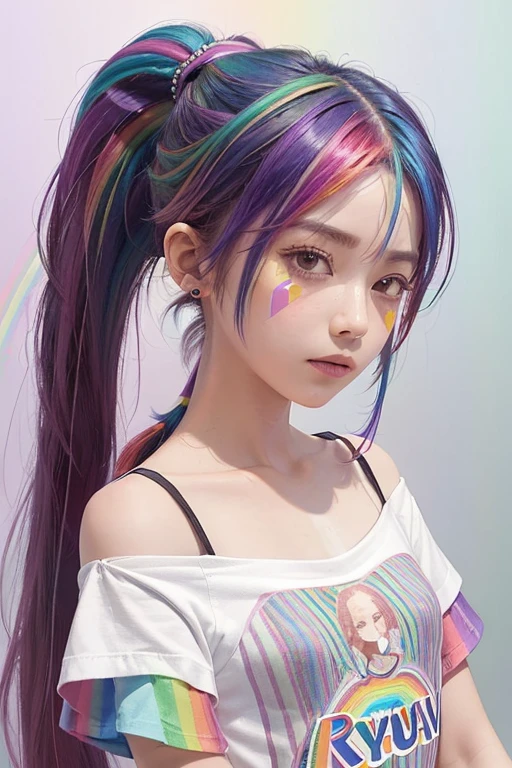 (Rosa fashion camiseta: 1.9), (Colorful hair: 1.8), (All colors of the rainbow: 1.8), ((Vertical rainbow stripes: 1.6), (Stripes: 1.6), (Forehead), comics, illustrations, stripes, large crystal clear eyes, (Rainbow high ponytail: 1.7), Shimmering makeup, closed mouth, (Small Portrait: 1.5), (Clean bare chest: 1.6), long eyelashes, white shoulder-to-shoulder camiseta, White off-shoulder camiseta, looking at the audience, Tear