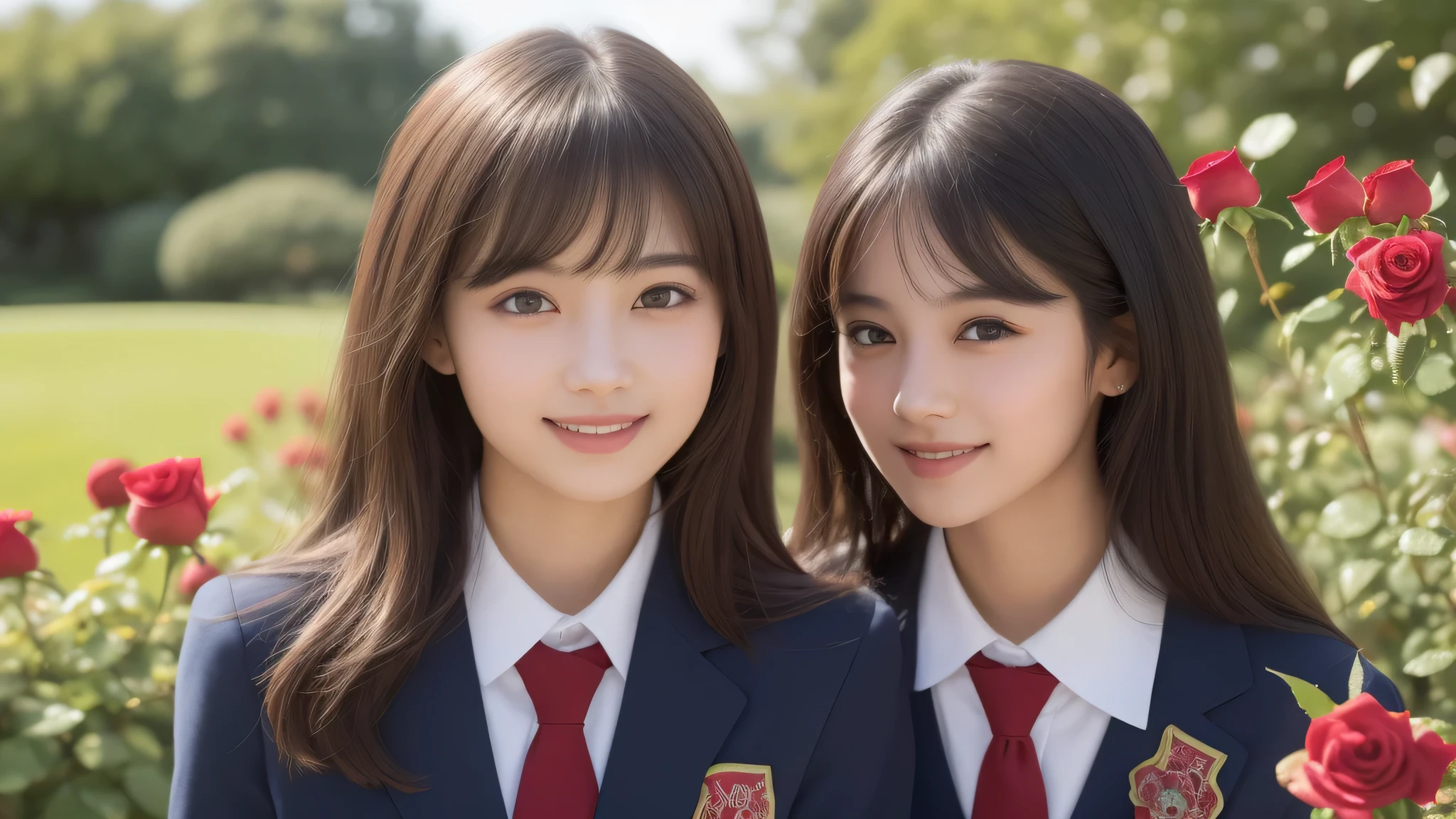 (2girl), brown eyes, bob hair, air bangs, (cute smile:1.2), A very neat face, a sense of cleanliness, (highly detailed eyes, highly detailed face), (hyper-realistic, hight resolution), (best Quality:1.4), (high school uniform:1.2), model, Enchanting, Outdoors, Beautiful scenery, clear skies, (Rose flowers, rose garden, lots of roses:1.3), (Fine face:1.2),