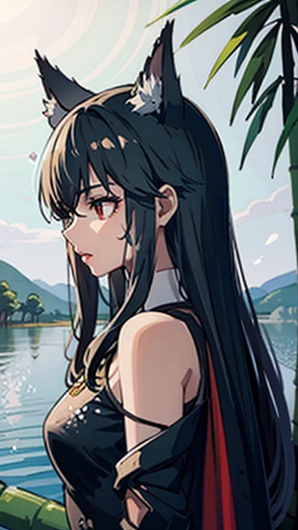 Negative Space, Bisim, girl, Miss,Bare shoulders, (ecchi0.5), Lips, Water splash, (Trees:0.5), (Flowers:0.6) ,(birds:0.2), (Bamboo0.1), lake, Hangzhou, bonian, bonian in background