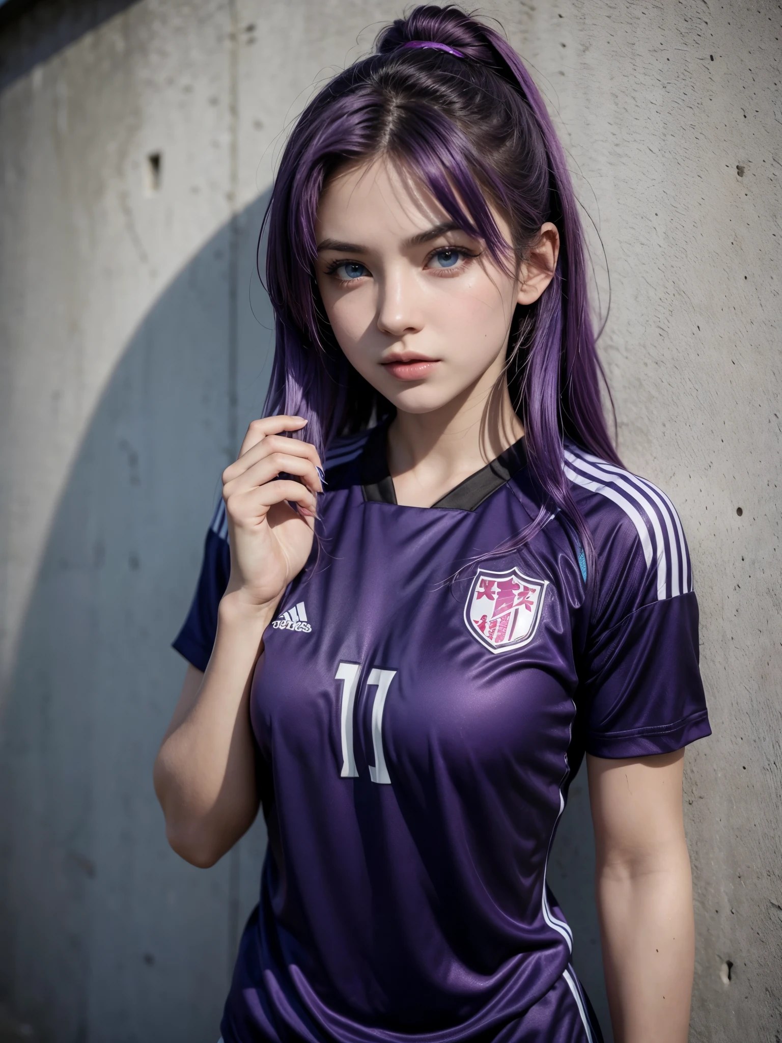 Hot girl, purple hair, blue eyes, sexy, wearing soccer player clothes