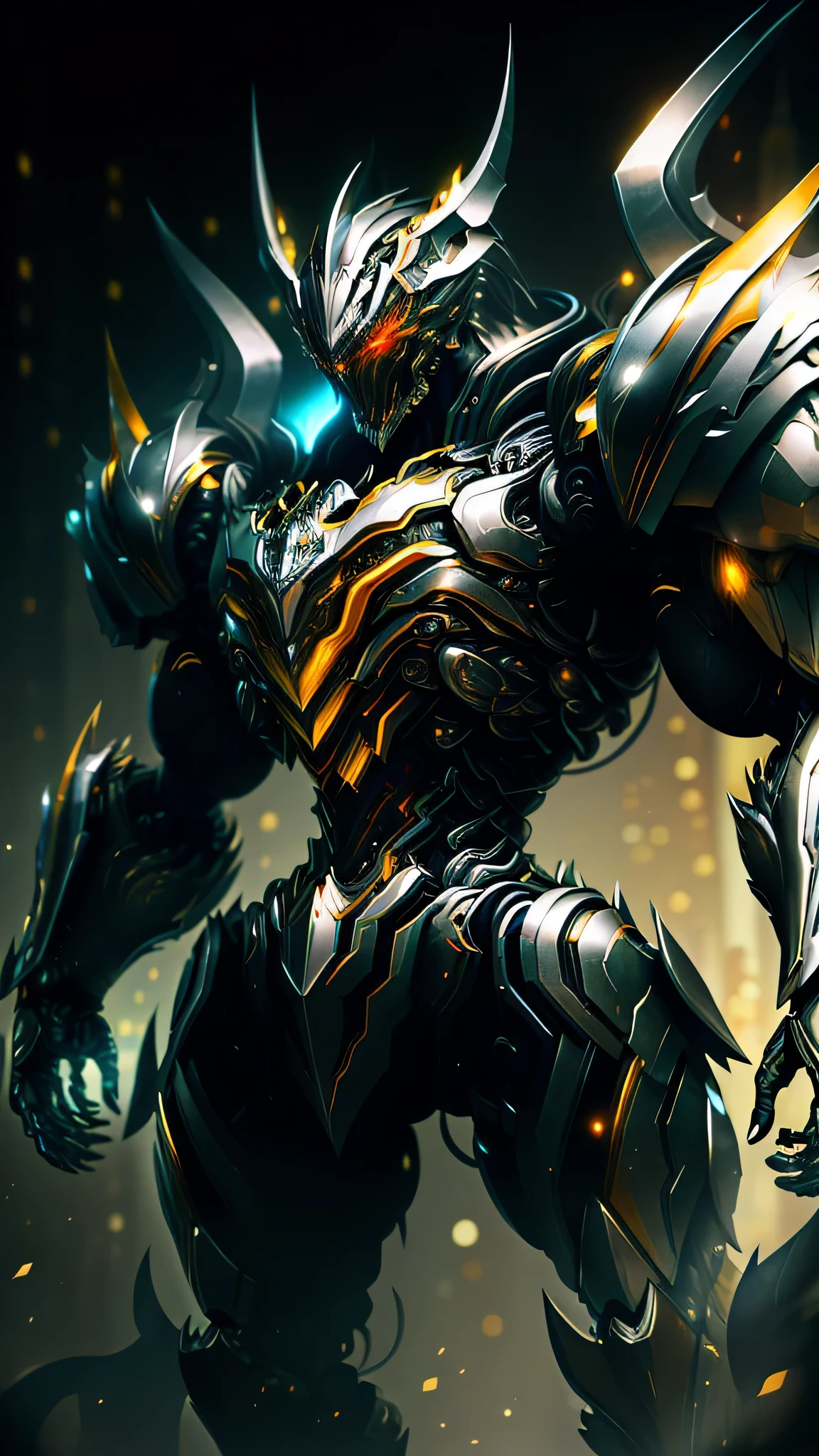 (masterpiece:1.2), best quality, high resolution, unity 8k wallpaper, (ultra realistic:1.0), beautiful detailed, extremely detailed, perfect lighting, extremely detailed CG,glowing eyes, shining silver Heavy Mech,shining silver skeleton armor,(metallic shining silver),shining silver full_armor,shining silver warframe,horns, fake horns, red eyes, global ray tracing,looking at the viewer,solo,perspective,dynamic fighting pose, city streets with colourful neon lights in bokeh