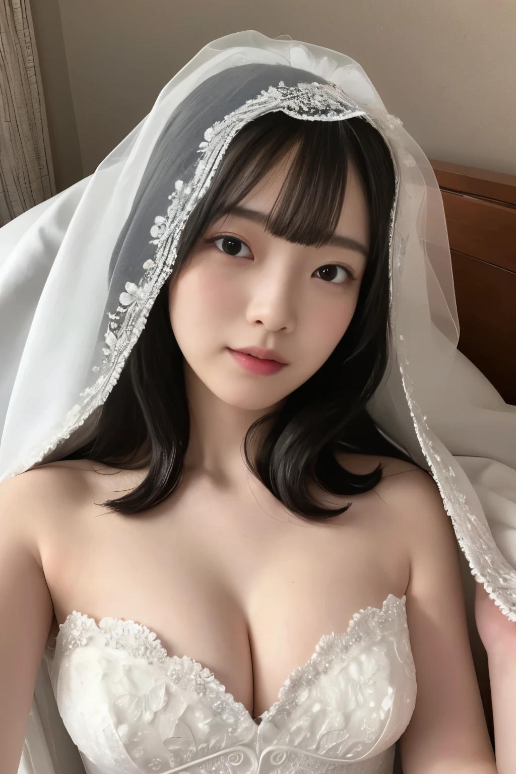 Masterpiece、highest quality、Photo realistic、Woman 1、Super detailed、delicate、beautiful、Top view、Gravure idol Black Hair、Straight Hair、Light bangs Wedding dress、White Veil Cleavage White sheetsに寝転がる、Lie on your back、Gravure pose White sheets