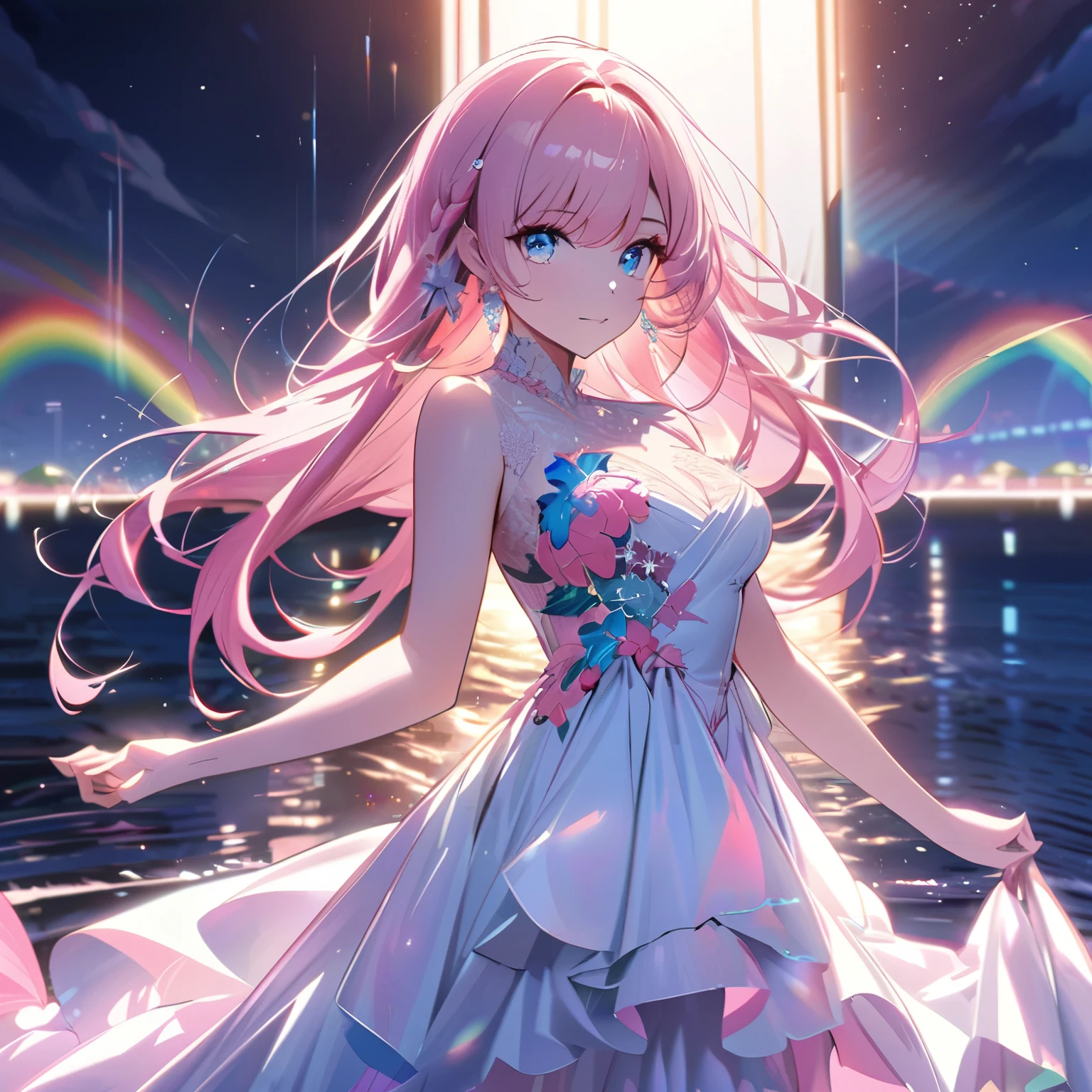 ``A beautiful woman with long pink hair and beautiful eyes wearing an elegant and detailed hawaiian dress.The dress must have intricate designs and patterns to give it a luxurious and luxurious feel.In the background , the image should depict a romantic Hawaiian beach at night with light reflecting off the water and an illuminated bridge across the scene, emphasizing the sparkling effects and rainbows throughout the image. Enhance your look and add special ruffles to your dress to make it stand out.”