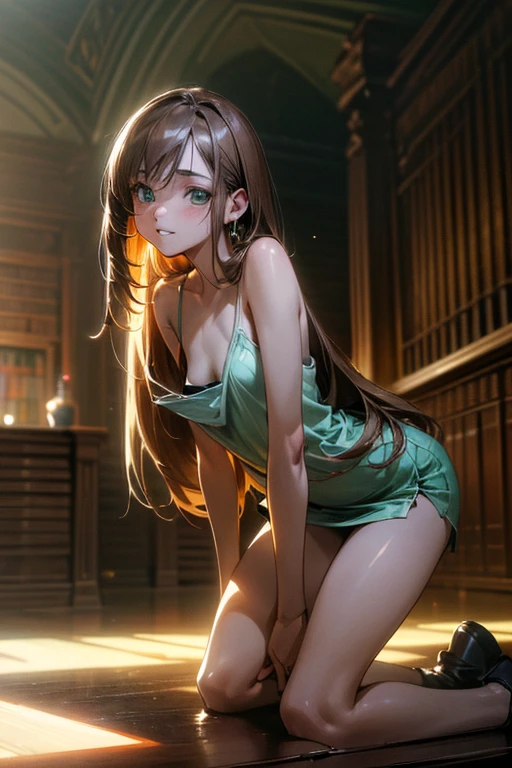 ((masterpiece)), (anime:1.5), ((highest quality)), (RAW Photos:1.2), (High resolution:1.3), (Professional photography:1.2), (chromatic aberration), (Wide Shot:1.3), Textured skin, cinematic Lighting, (()), One girl, Grin, (Cute teen beautifirl), break, ((Glossy Lips)), Beautiful model body shape, Light_green_eye, Big earrings, Very long hair, Silky Hair, Light brown hair, break, Small breasts, (Loose tank top shirt), Black tie, (Leaning forward), (Down blouse:1.2), break, (Kneeling in the library:1.4), (High resolution:1.3), (Realistic), indirect Lighting, volumetric Light, Ray Tracing, Ultra-detailed, (highest quality), 超High resolution, High resolution, 8k
