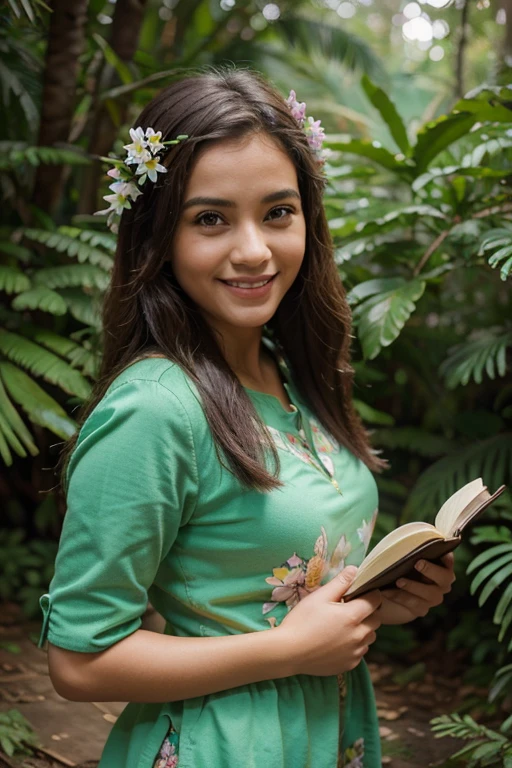 1 garota, Sozinho, Sorriso fofo, Agitha_Zelda ao ar livre, floresta, borboletas, flores,