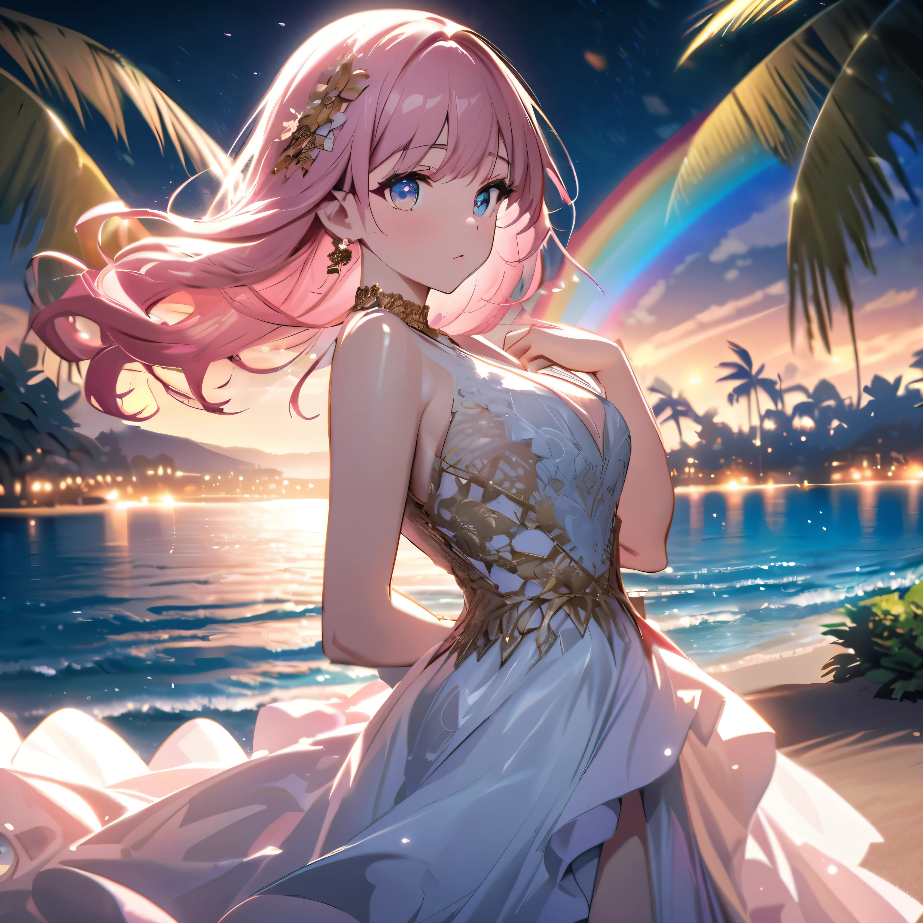 ``A beautiful woman with long pink hair and beautiful eyes wearing an elegant and detailed hawaiian dress.The dress must have intricate designs and patterns to give it a luxurious and luxurious feel.In the background , the image should depict a romantic Hawaiian beach at night with light reflecting off the water and an illuminated bridge across the scene, emphasizing the sparkling effects and rainbows throughout the image. Enhance your look and add special ruffles to your dress to make it stand out.”