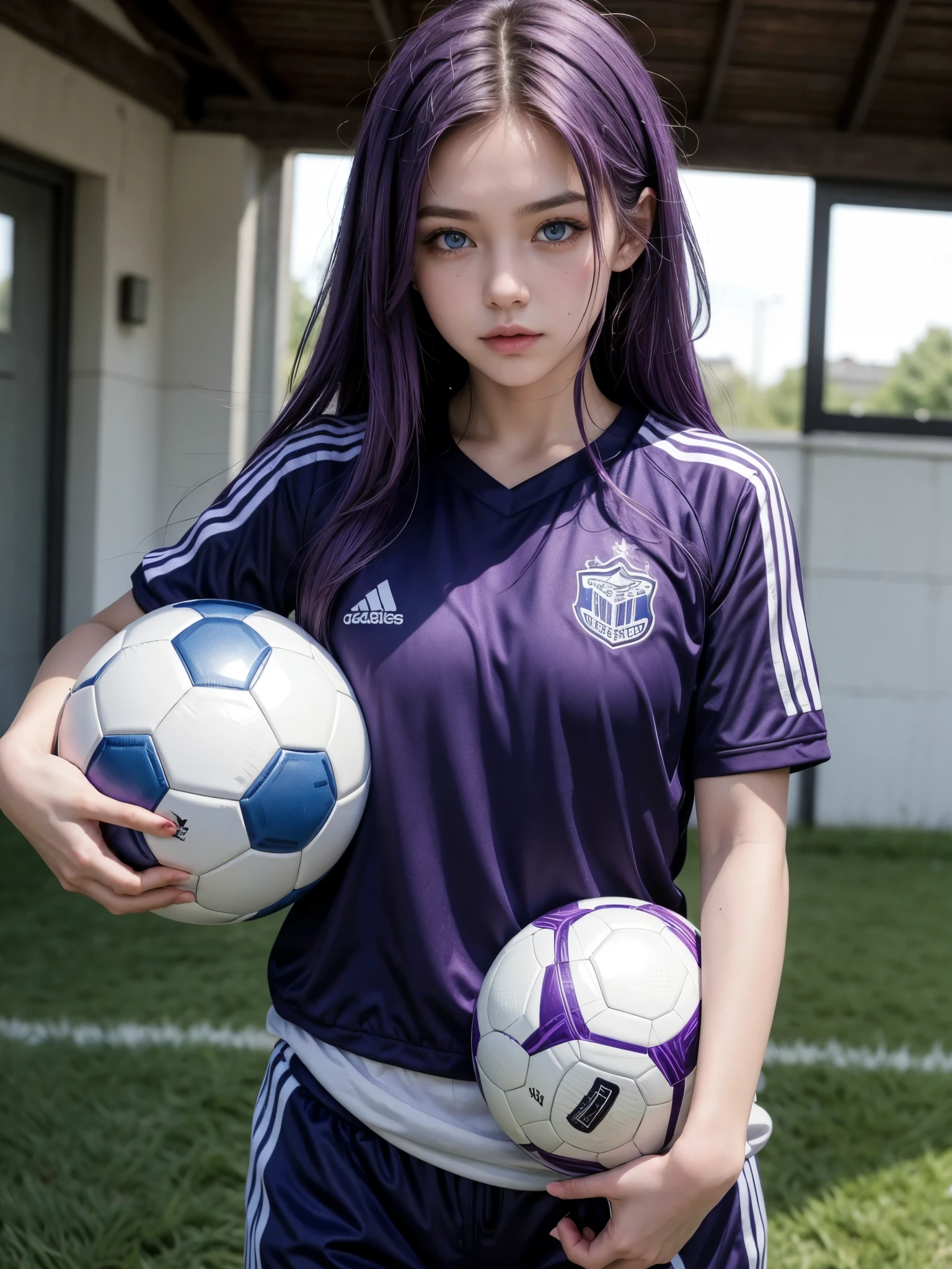 Hot girl, purple hair, blue eyes, wearing soccer player clothes