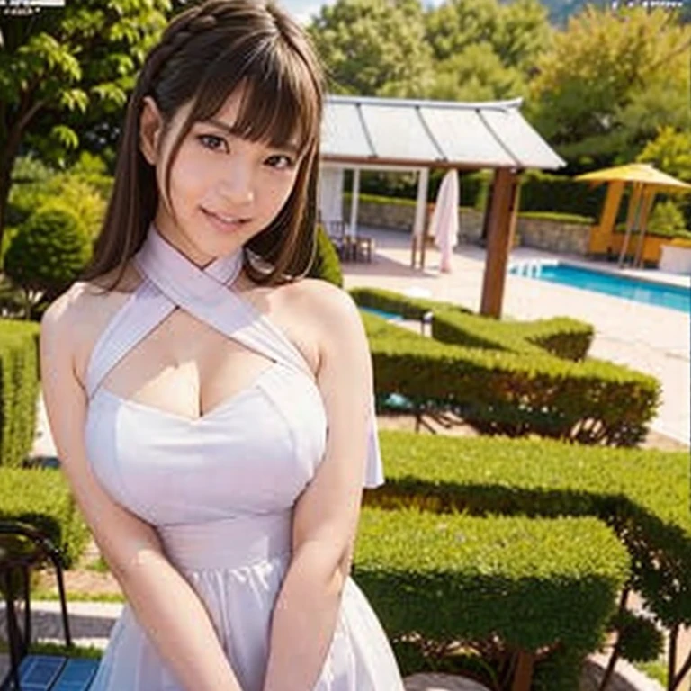 Adorable, Twin tails,  Japanese Gal,、School Swimsuit(ハイレグのSchool Swimsuit:1.5),  smile,Hair Scrunchie, Shiny skin, Highest quality, Ultra-high resolution, Very detailed, 8K, RAW Photos) ,Perfect Face,pretty girl、Black Hair、Japanese idol girls,Very large breasts(Cleavage:1.6)、Embarrassed face、blush、whole body(Draw the upper thigh)、Blue summer sky、Shining Sun、Large swimming pool、Poolside、Turn your body forward、Looking at the camera、Attention to detail on arms and legs