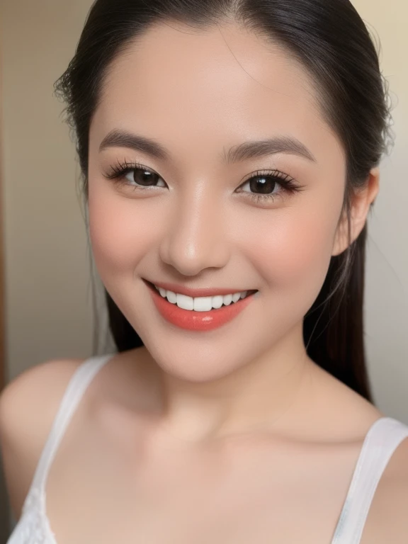 (realistic、masterpiece、Best Quality、8K、highres、high resolution:1.3)、1 girl、Huge breasts、smile, white bikini、pale white skin、looking at viewers、super fine face and eyes、long hair、indoor、 upper body、