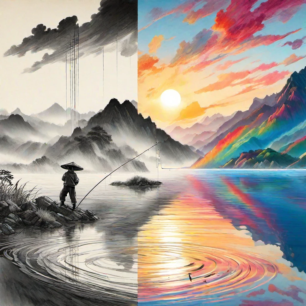 At sunset, angler, fishing line thrown into water, mountains, calm water surface, reflecting the tones of the water surface, Zhang Daqian style, The artwork should transition from a pencil drawing style in black and white on the left half to vibrant colors on the right half, Ensure a seamless integration between the two halves without any dividing line, The scene is identical on both sides, with the left side featuring detailed black and white pencil strokes and the right side filled with colors, creating a harmonious blend across the image