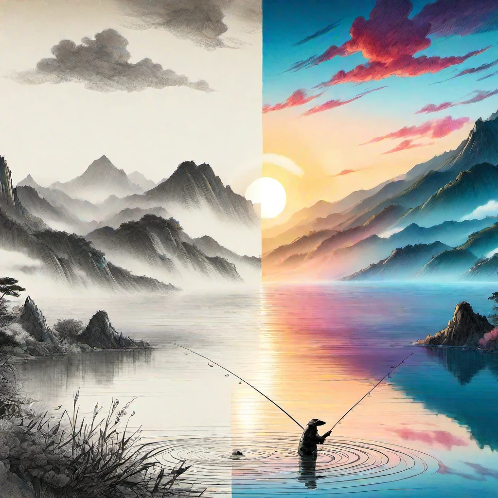 At sunset, angler, fishing line thrown into water, mountains, calm water surface, reflecting the tones of the water surface, Zhang Daqian style, The artwork should transition from a pencil drawing style in black and white on the left half to vibrant colors on the right half, Ensure a seamless integration between the two halves without any dividing line, The scene is identical on both sides, with the left side featuring detailed black and white pencil strokes and the right side filled with colors, creating a harmonious blend across the image