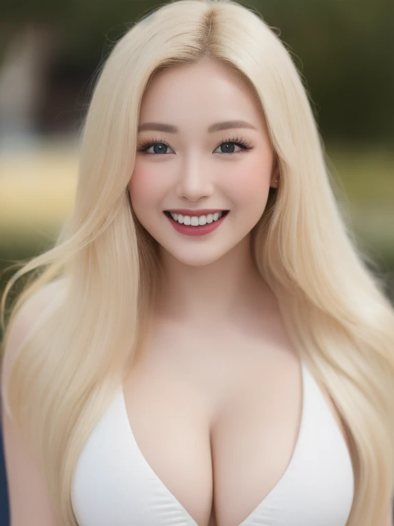 (realistic、masterpiece、Best Quality、8K、highres、high resolution:1.3)、1 girl、Huge breasts、smile, white bikini、pale white skin、looking at viewers、super fine face and eyes、long blonde hair、indoor、 upper body、