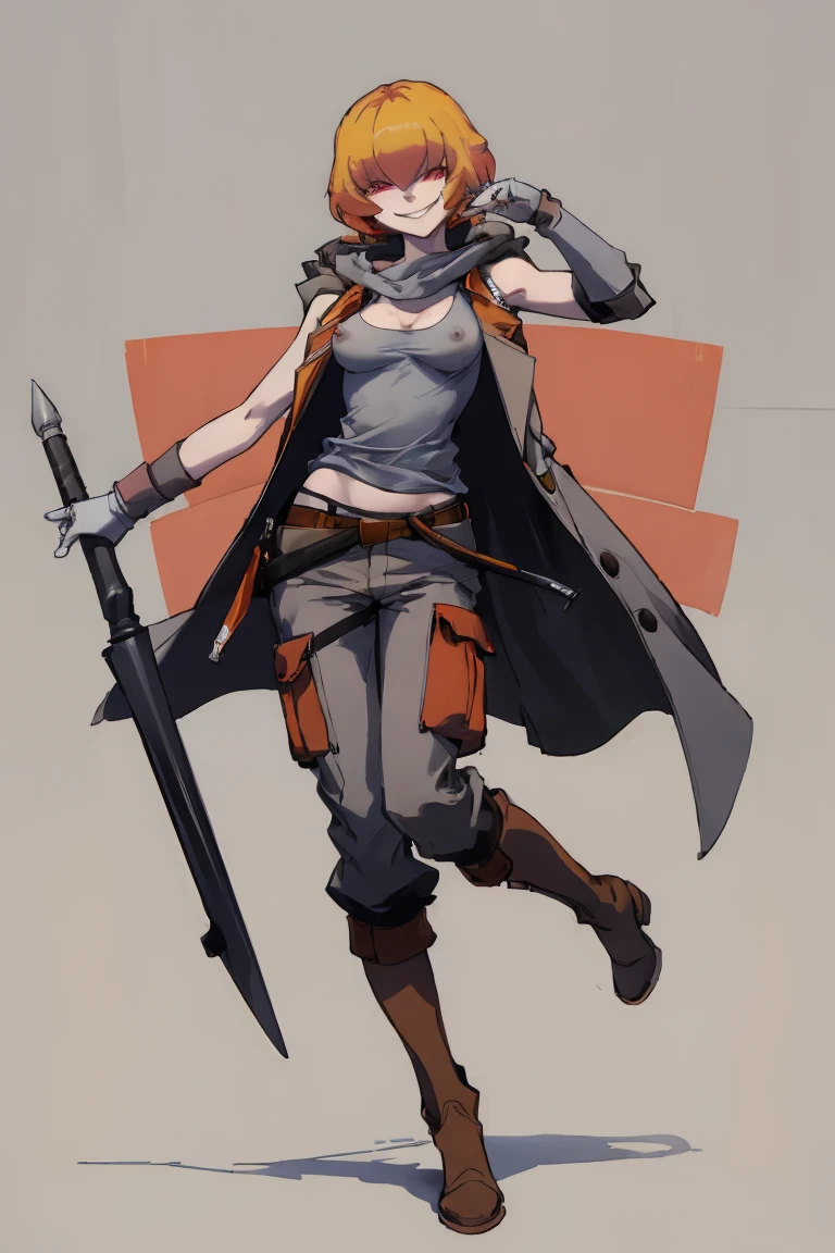 ((highest quality)), ((masterpiece)), (be familiar with),Clementine,Overload,{{nsfw}},Sleeveless hoodie,Grey Shirt,cargo pants,Bewitching Smile,whole body,boots,Long coat,Erect nipples