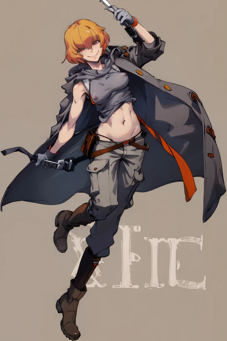 ((highest quality)), ((masterpiece)), (be familiar with),Clementine,Overload,{{nsfw}},Sleeveless hoodie,Grey Shirt,cargo pants,Bewitching Smile,whole body,boots,Long coat, nippl
