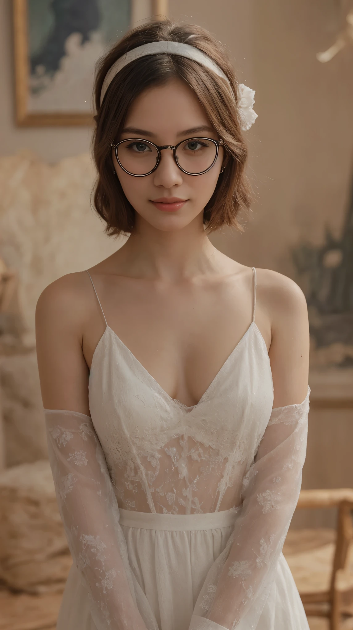 Create a stunning masterpiece featuring a Korean girl adorned with a headband and glasses, radiating elegance and happiness. Ensure the artwork is of the highest quality and resolution (4K), rich in detail to showcase the beauty of the subject.