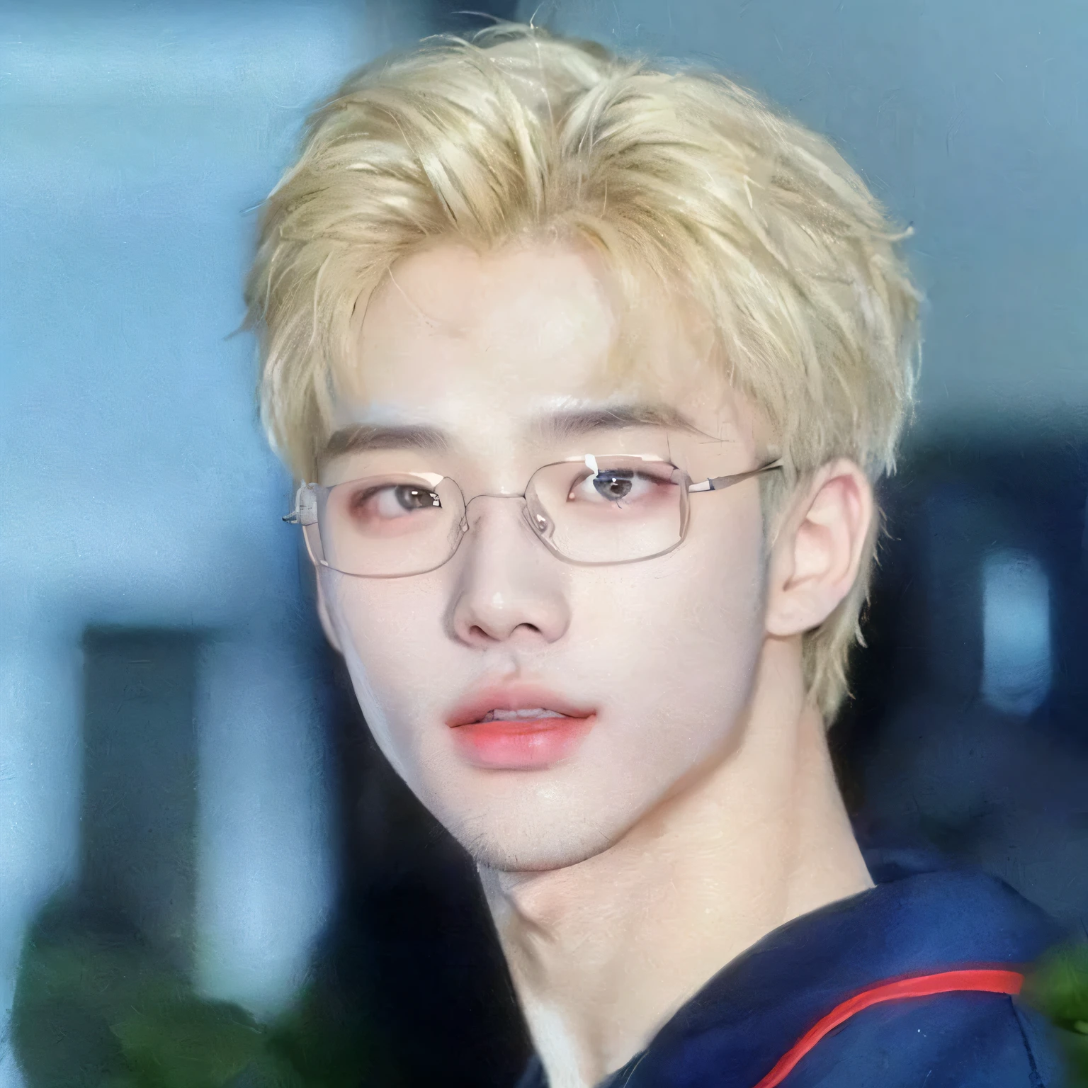 An arafed man in glasses and a blue shirt holds a cell phone, Yanjun Chengt, cai xukun, hyung tae, chico rubio con ojos amarillos, Jung Jaehyun, accurate Jimin face, inspirado en Yanjun Cheng, Jimin\his right eyelid is swollen, park Jimin, Kim Doyoung, Jimin\los labios carnosos, steven jung hyunjin stray kids hwang hyunjin hyun jin