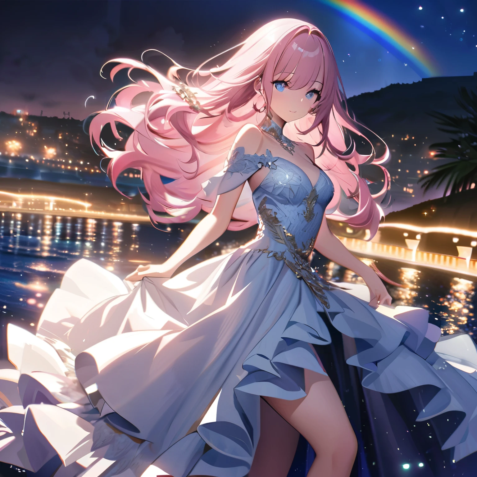 ``A beautiful woman with long pink hair and beautiful eyes wearing an elegant and detailed hawaiian dress.The dress must have intricate designs and patterns to give it a luxurious and luxurious feel.In the background , the image should depict a romantic Hawaiian beach at night with light reflecting off the water and an illuminated bridge across the scene, emphasizing the sparkling effects and rainbows throughout the image. Enhance your look and add special ruffles to your dress to make it stand out.”