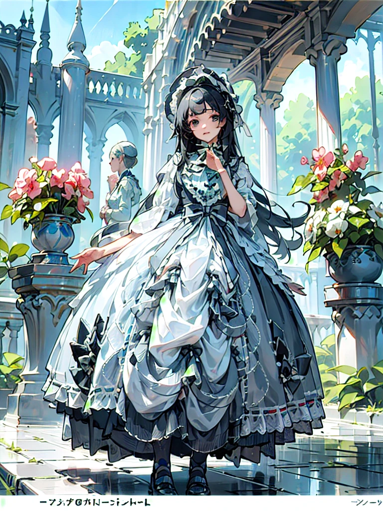 (masterpiece, top quality, best quality, official art, beautiful and aesthetic:1.2), 1girl, long black straight hair,  solo, standing in garden, looking at viewer, white ****ta_dress, 