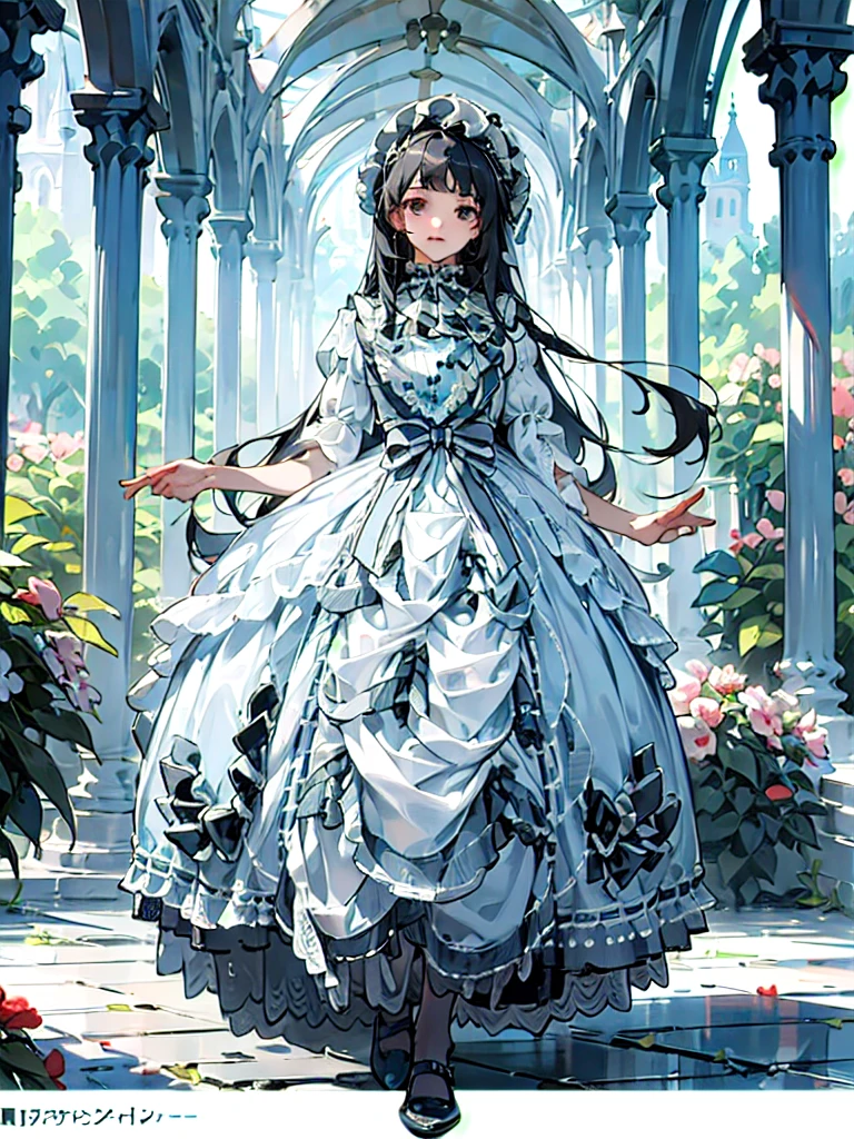 (masterpiece, top quality, best quality, official art, beautiful and aesthetic:1.2), 1girl, long black straight hair, solo, standing in garden, looking at viewer, white ta_dress,
