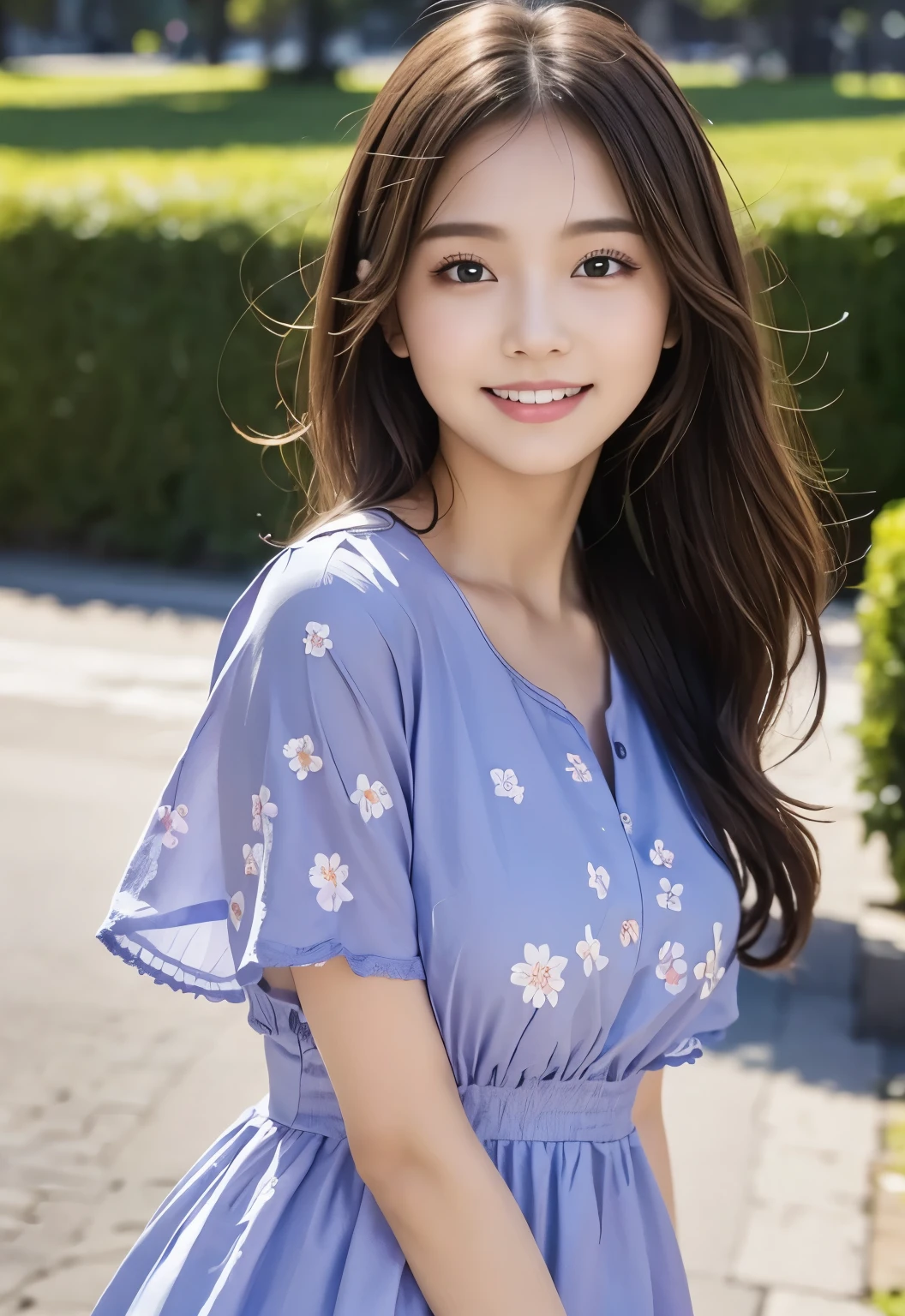 masterpiece, best quality:1.1), (8k, raw photo, photo realistic:1.2, f22), (shiny skin), detailed skin,long hair,detailed face, detailed eyes,smile,BREAK, real world, intricate details, smil, BREAK, 1girl, full body,(purple,short sleeves,flower pattern,dress)BREAK, (city:1.4)