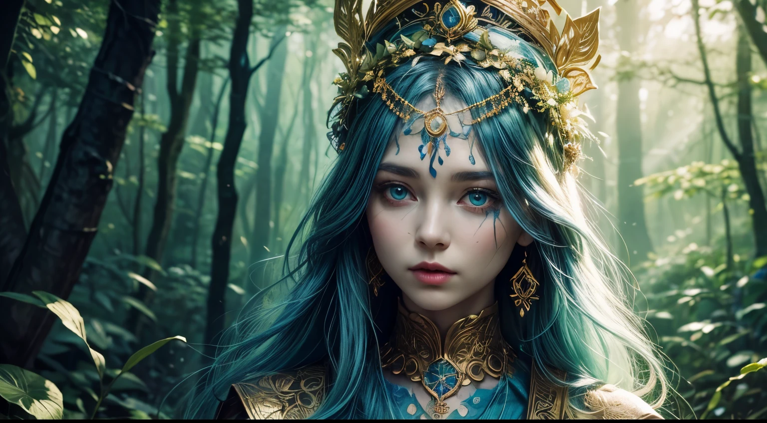 woman in the forest, elder, priestess, magical, mysterious, girl with leaves and flowers on her head, mysterious expression, blue paints on her face, eyes, light skin and hair, dress with white and gold Celtic details, magical atmosphere, small lights around her