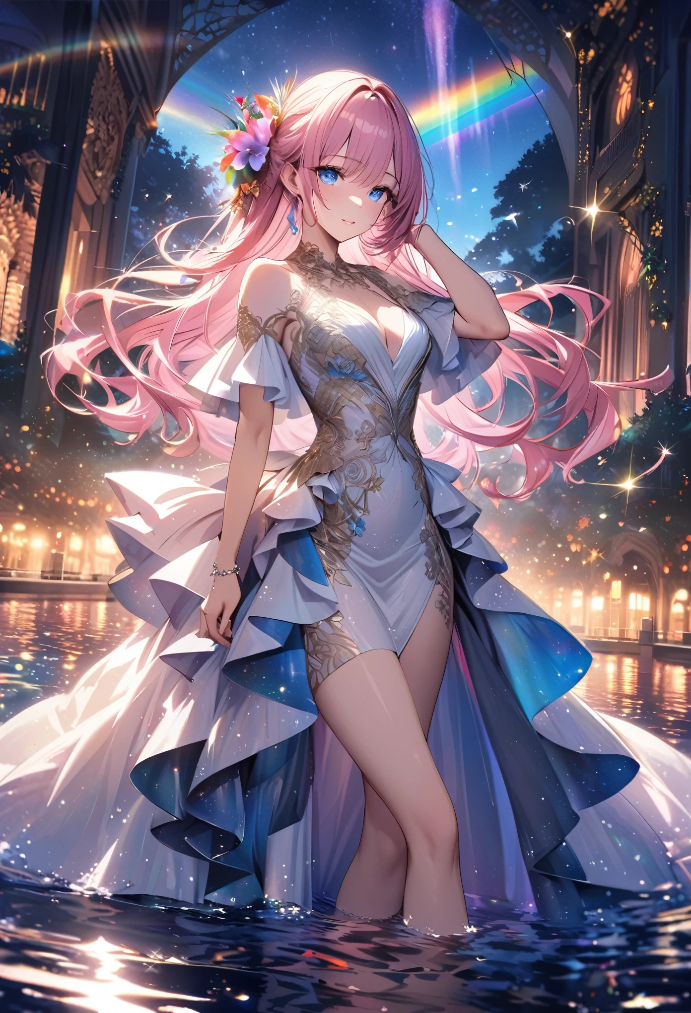 ``A beautiful woman with long pink hair and beautiful eyes wearing an elegant and detailed hawaiian dress.The dress must have intricate designs and patterns to give it a luxurious and luxurious feel.In the background , the image should depict a romantic Hawaiian beach at night with light reflecting off the water and an illuminated bridge across the scene, emphasizing the sparkling effects and rainbows throughout the image. Enhance your look and add special ruffles to your dress to make it stand out.”