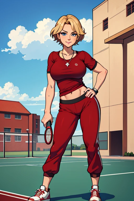 Masterpiece, high resolution, high quality, intricate details, full body portrait, front view, 32 year old woman, attractive woman, mature face, mature beauty, short blonde hair, blue eyes, athletic body, medium breasts, curvy hips, arrogant smile, ((Wearing: Red Gym T-shirt, Black Gym sweat pants, whistle necklace and black tennis shoes)), standing, hands on hips, looking at viewer, (Background: outdoors, middle school track field, blue sky, clouds in the sky),
'