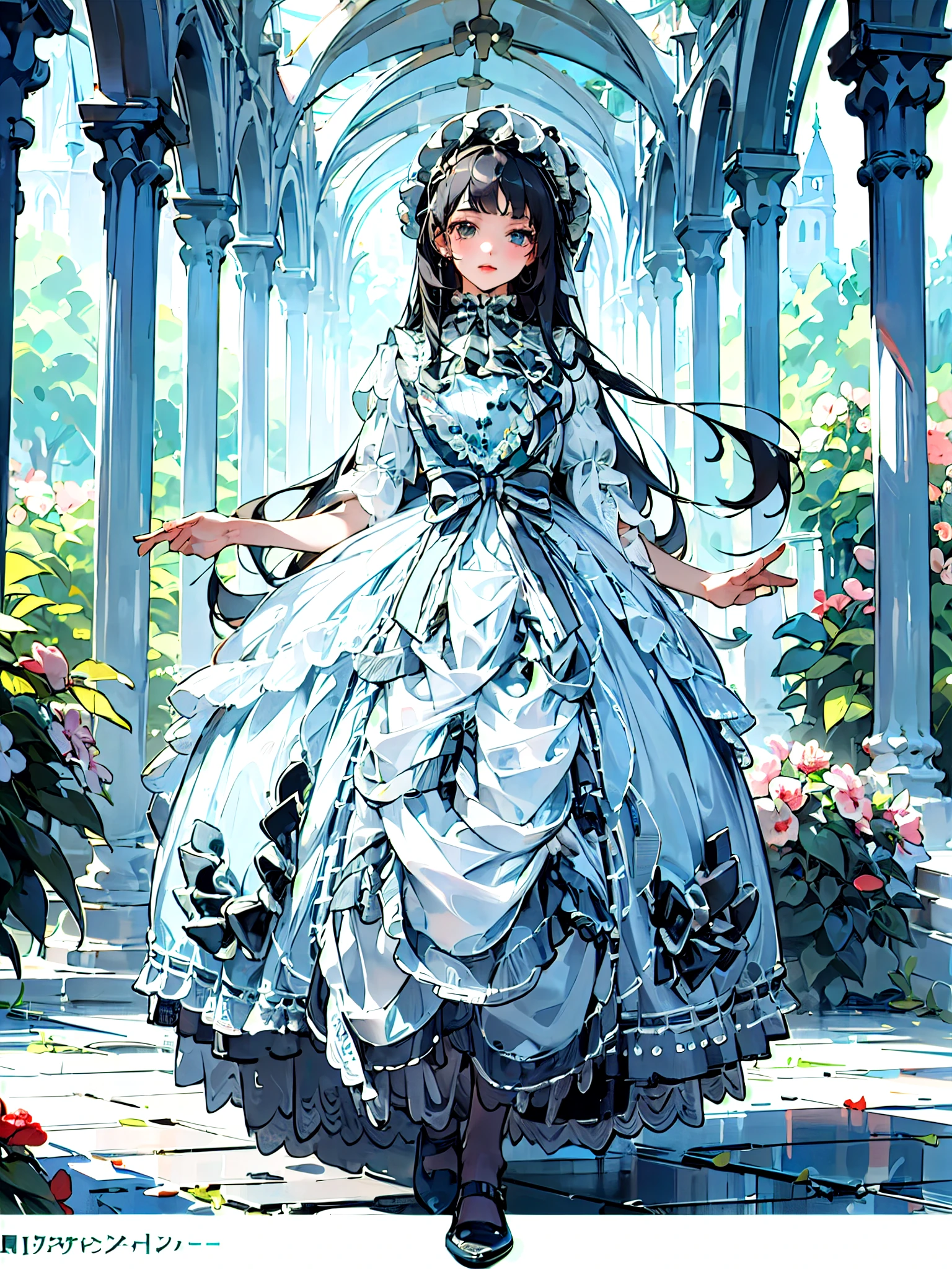 (masterpiece, top quality, best quality, official art, beautiful and aesthetic:1.2), 1girl, long black straight hair,  solo, standing in garden, looking at viewer, white lolita_dress, 
