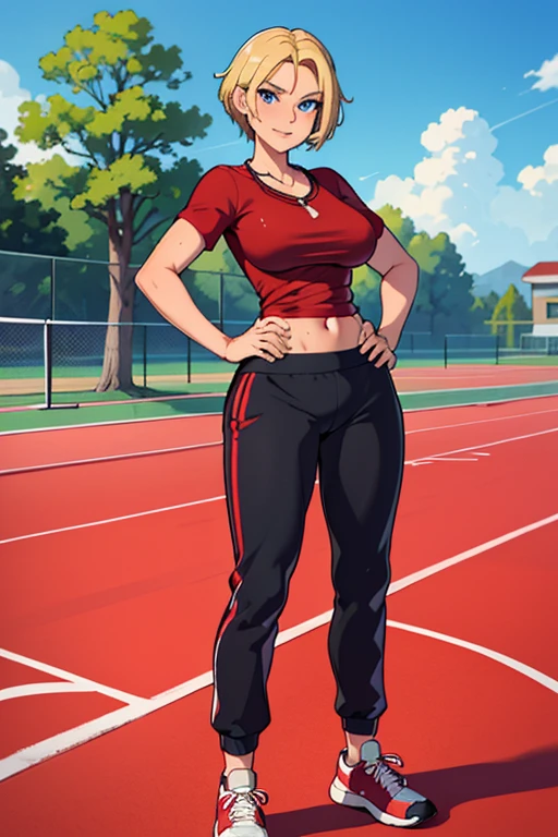 Masterpiece, high resolution, high quality, intricate details, full body portrait, front view, 32 year old woman, attractive woman, mature face, mature beauty, short blonde hair, blue eyes, athletic body, medium breasts, curvy hips, arrogant smile, ((Wearing: Red Gym T-shirt, Black Gym sweat pants, whistle necklace and black tennis shoes)), standing, hands on hips, looking at viewer, (Background: outdoors, middle school track field, blue sky, clouds in the sky),
