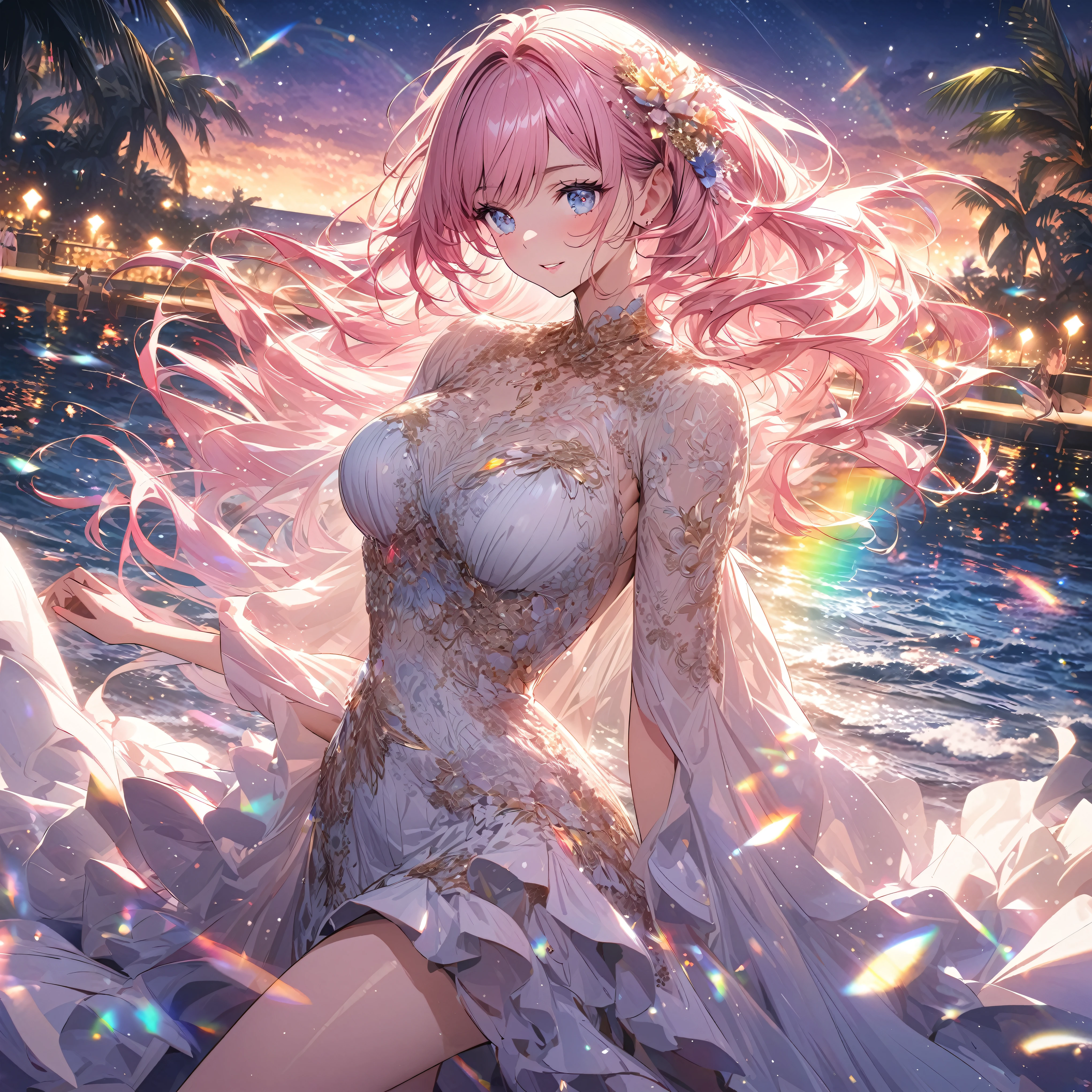 ``A beautiful woman with long pink hair and beautiful eyes wearing an elegant and detailed hawaiian dress.The dress must have intricate designs and patterns to give it a luxurious and luxurious feel.In the background , the image should depict a romantic Hawaiian beach at night with light reflecting off the water and an illuminated bridge across the scene, emphasizing the sparkling effects and rainbows throughout the image. Enhance your look and add special ruffles to your dress to make it stand out.”