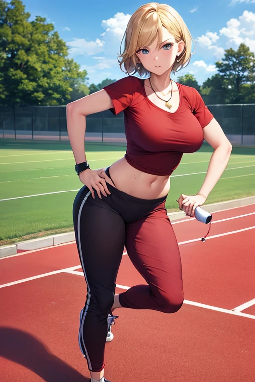 Masterpiece, high resolution, high quality, intricate details, full body portrait, front view, 32 year old woman, attractive woman, mature face, mature beauty, short blonde hair, blue eyes, athletic body, medium breasts, curvy hips, arrogant smile, ((Wearing: Red Gym T-shirt, Black Gym sweat pants, whistle necklace and black tennis shoes)), standing, hands on hips, looking at viewer, (Background: outdoors, middle school track field, blue sky, clouds in the sky),