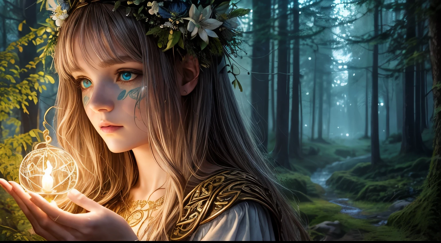 realistic style, cinematic, woman in the forest, celtic priestess, magical, mysterious, girl with leaves and flowers on her head, mysterious expression, blue paints on her face, eyes, light skin and hair, dress with white and gold Celtic details, magical atmosphere, small lights around her