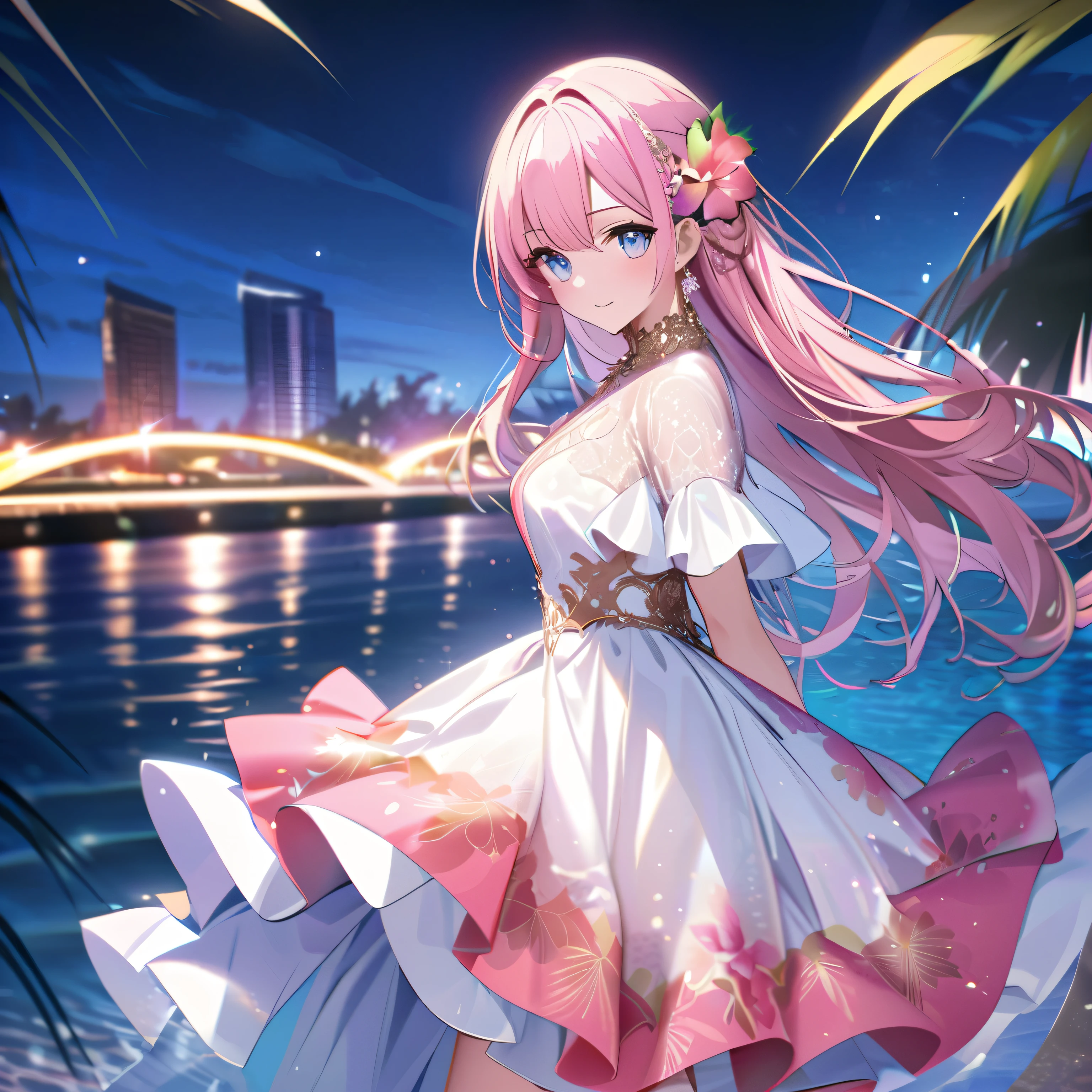 ``A beautiful woman with long pink hair and beautiful eyes wearing an elegant and detailed hawaiian dress.The dress must have intricate designs and patterns to give it a luxurious and luxurious feel.In the background , the image should depict a romantic Hawaiian beach at night with light reflecting off the water and an illuminated bridge across the scene, emphasizing the sparkling effects and rainbows throughout the image. Enhance your look and add special ruffles to your dress to make it stand out.”