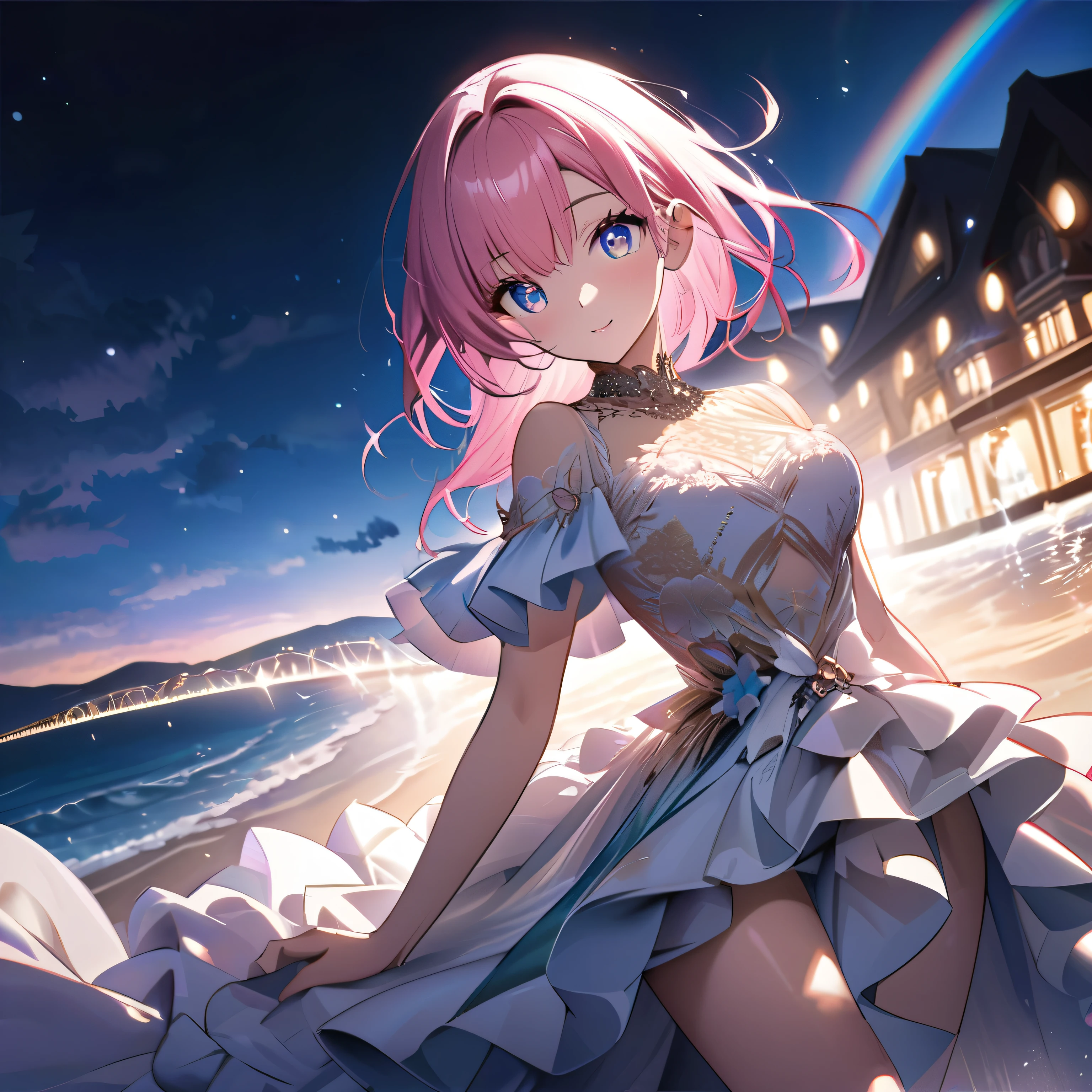 ``A beautiful woman with long pink hair and beautiful eyes wearing an elegant and detailed hawaiian dress.The dress must have intricate designs and patterns to give it a luxurious and luxurious feel.In the background , the image should depict a romantic Hawaiian beach at night with light reflecting off the water and an illuminated bridge across the scene, emphasizing the sparkling effects and rainbows throughout the image. Enhance your look and add special ruffles to your dress to make it stand out.”