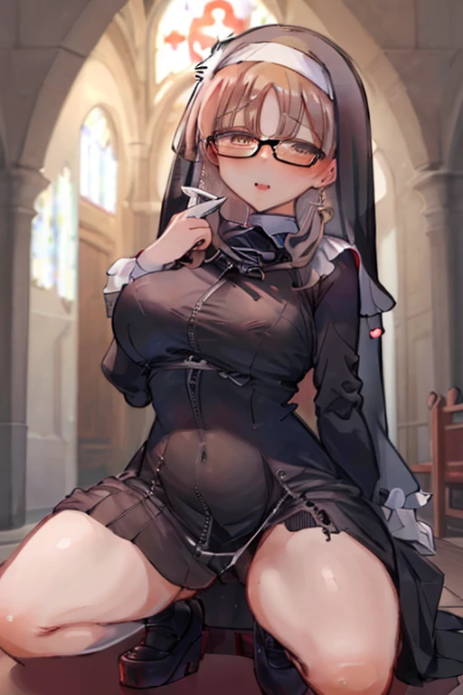 (masterpiece:1.4), (highest quality:1.3), (high resolution:1.2), Perfect Anatomy, Well-formed face,Accurate depiction,Precise depiction,Beautiful depiction,(Rui々Shishi Body:1.1), (Healthy Body:1.1),(Shiny Hair:1.2),Glassesをかけた, Glasses, Face, Large Breasts, Tight waist, Clothes stuck with sweat, (Erect nipples covered by clothes:1.2), Nijisanji/Sister Claire, Nuns,nun, traditional nun, white capelet, neck ribbon, black dress, long dress, zipper dress, Squat, Sweaty panties, White underwear,  Underwear cam, (grabbing breast:0.8), (girl trembling with sexual climax:1.2), church, confessional,