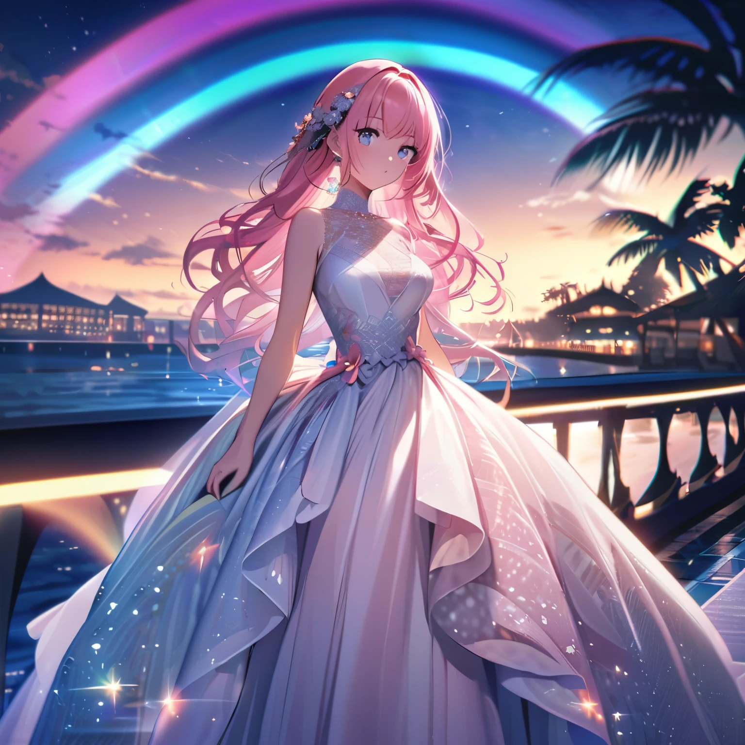 ``A beautiful woman with long pink hair and beautiful eyes wearing an elegant and detailed hawaiian dress.The dress must have intricate designs and patterns to give it a luxurious and luxurious feel.In the background , the image should depict a romantic Hawaiian beach at night with light reflecting off the water and an illuminated bridge across the scene, emphasizing the sparkling effects and rainbows throughout the image. Enhance your look and add special ruffles to your dress to make it stand out.”