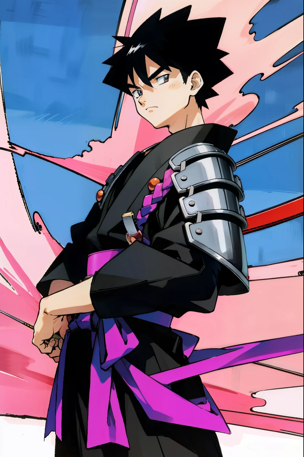 by Ken Sugimori, sugimori 1990s, ((only 1man)), samurai, full samurai armor, sword, full mask, ((hands behind their back)), full black pupils, manga, best quality, highly detailed, clean lines, cowboy shot, good hands, good eyes, hd, 8k, professional, symmetrical, hires, 8k,