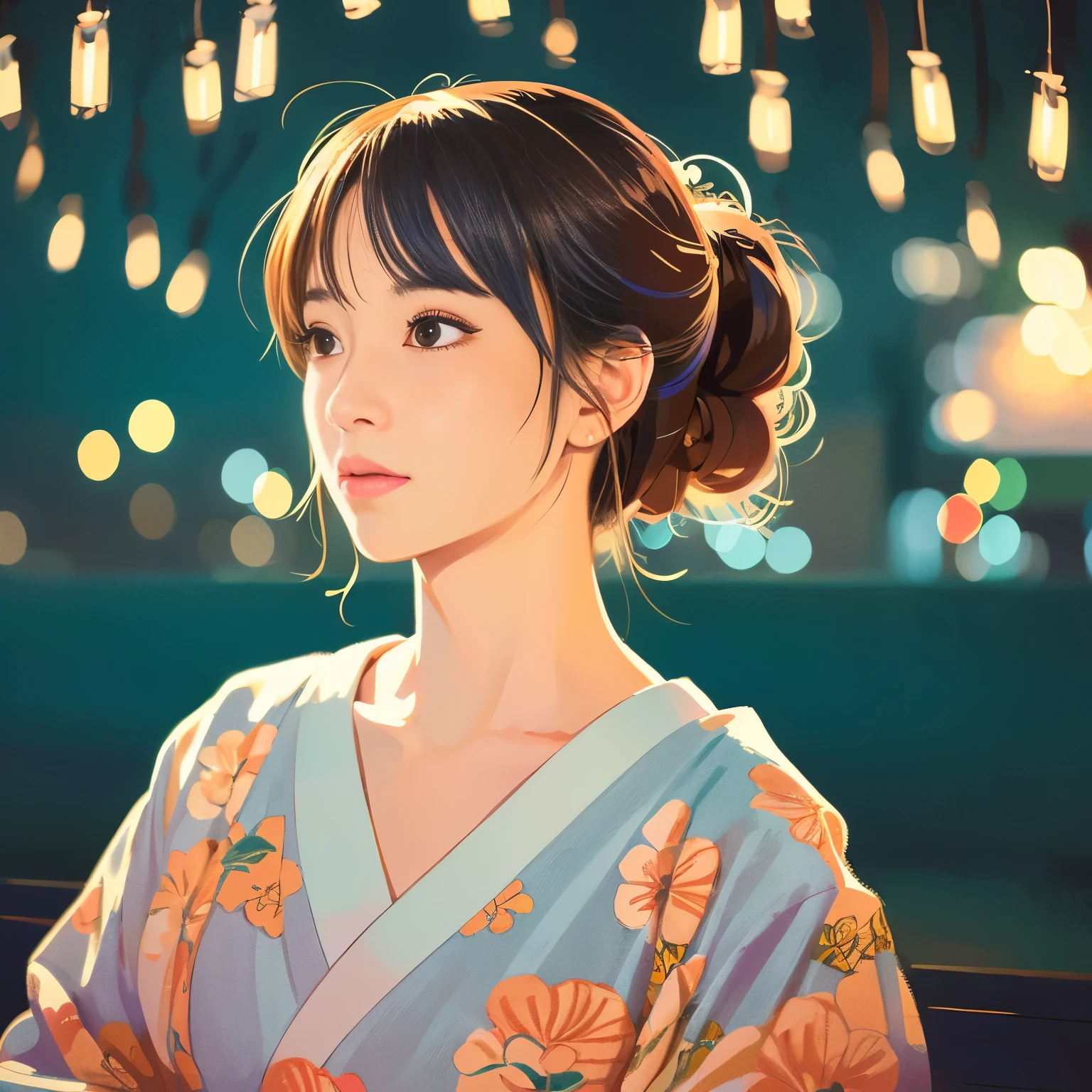 Illustration style、Ukiyo-e、Showa Anime、Woman looking this way、Japanese、May、night、 (highest quality, Ultra-detailed, Portraiture, Natural light)